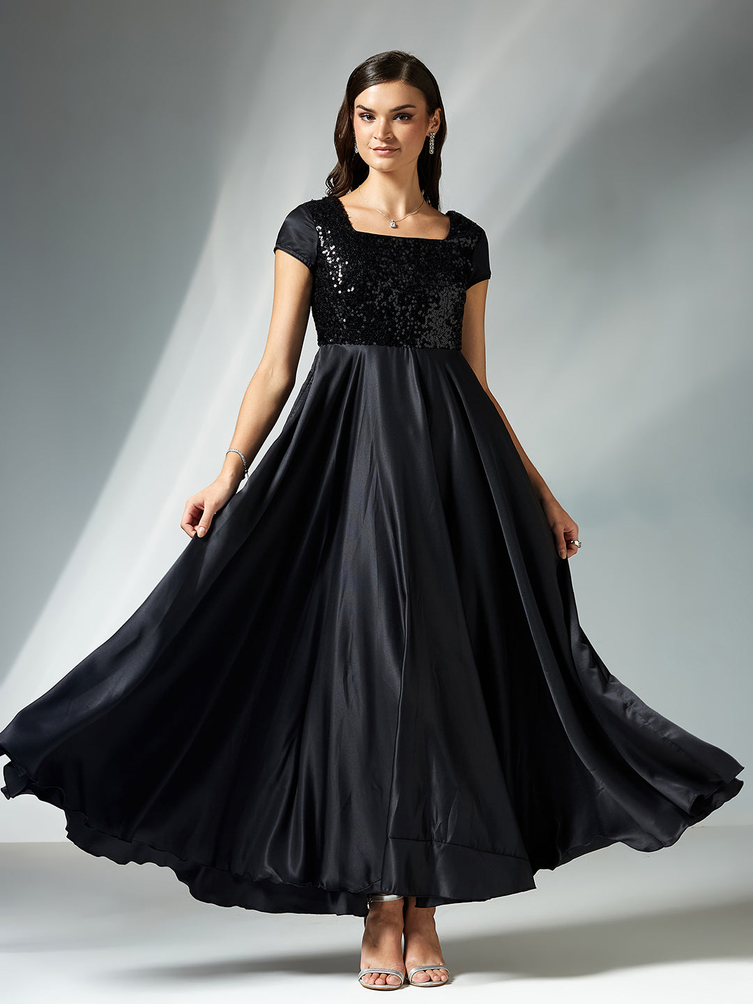 Women's Black Square Neck Short Sleeve Embellished Polyester Fit & Flare Maxi Dress