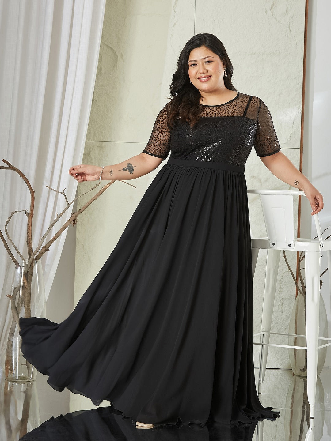 Black Relaxed Fit Maxi Georgette & Sequins Dress for Women
