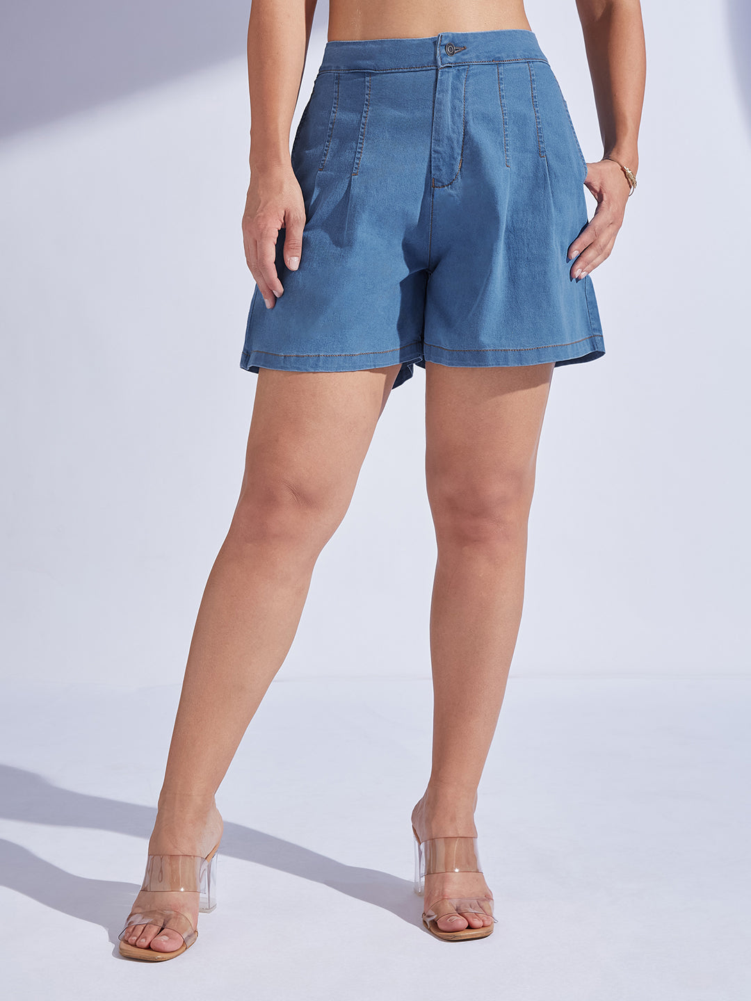 Women's Blue Flared High-Rise Stretchable Special Light-Weight Denim Shorts