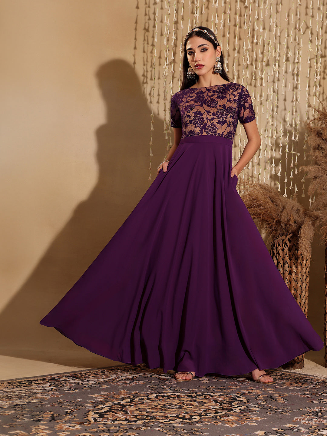 Women's Dark Purple Round Neck Half Sleeve Self Design Fit & Flare Georgette Maxi Dress