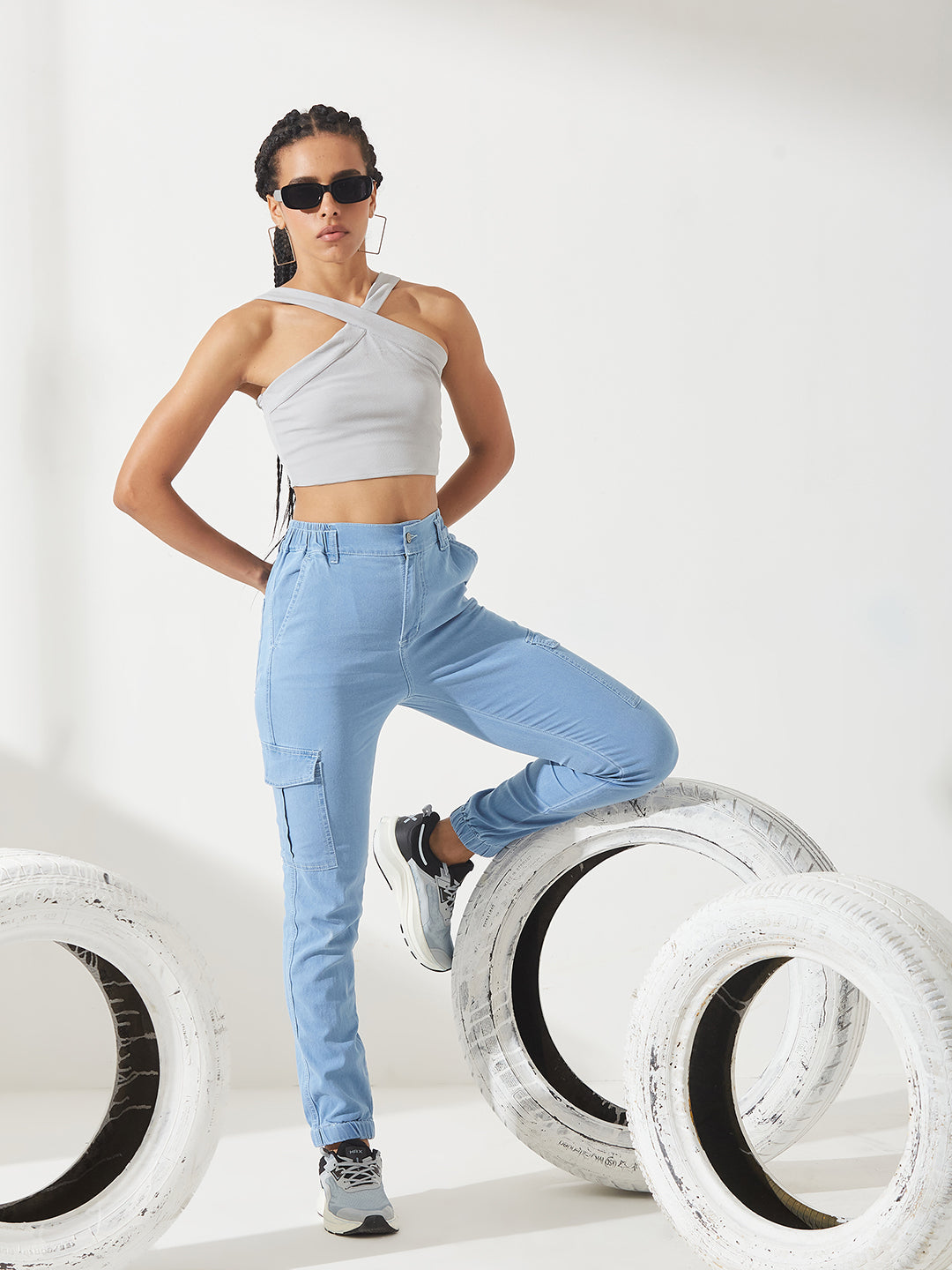Women's Light Blue High-Rise Stretchable Denim Joggers
