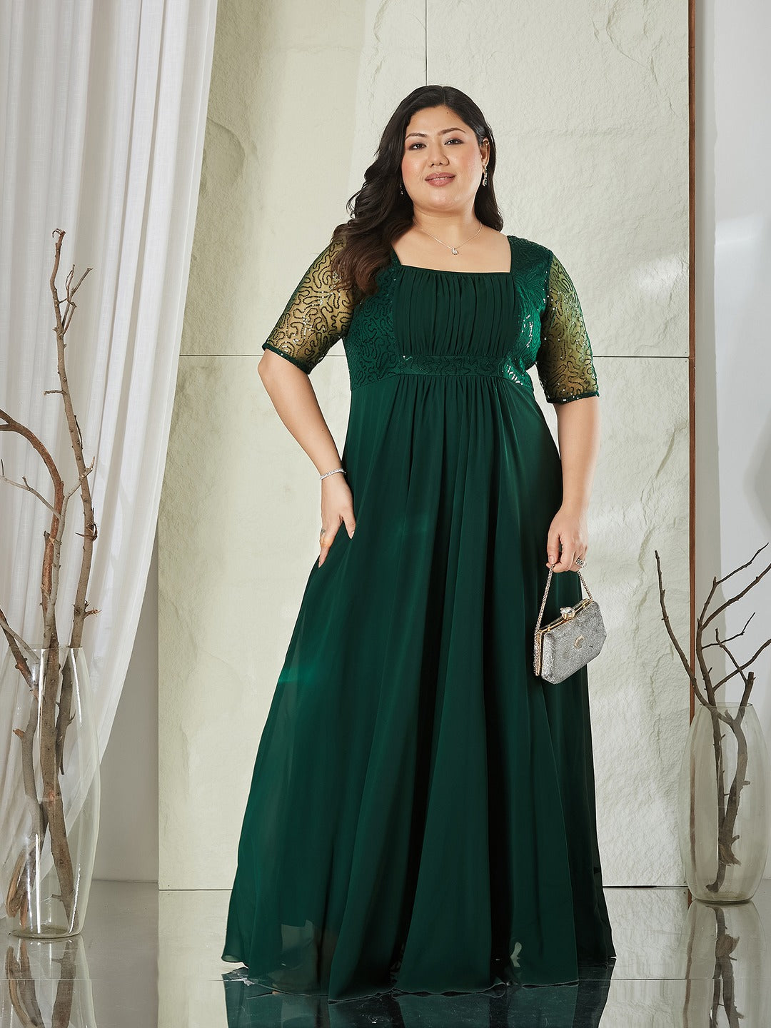 Dark Green Square Neck Half Sleeve Solid Embellished Maxi Dress for Women