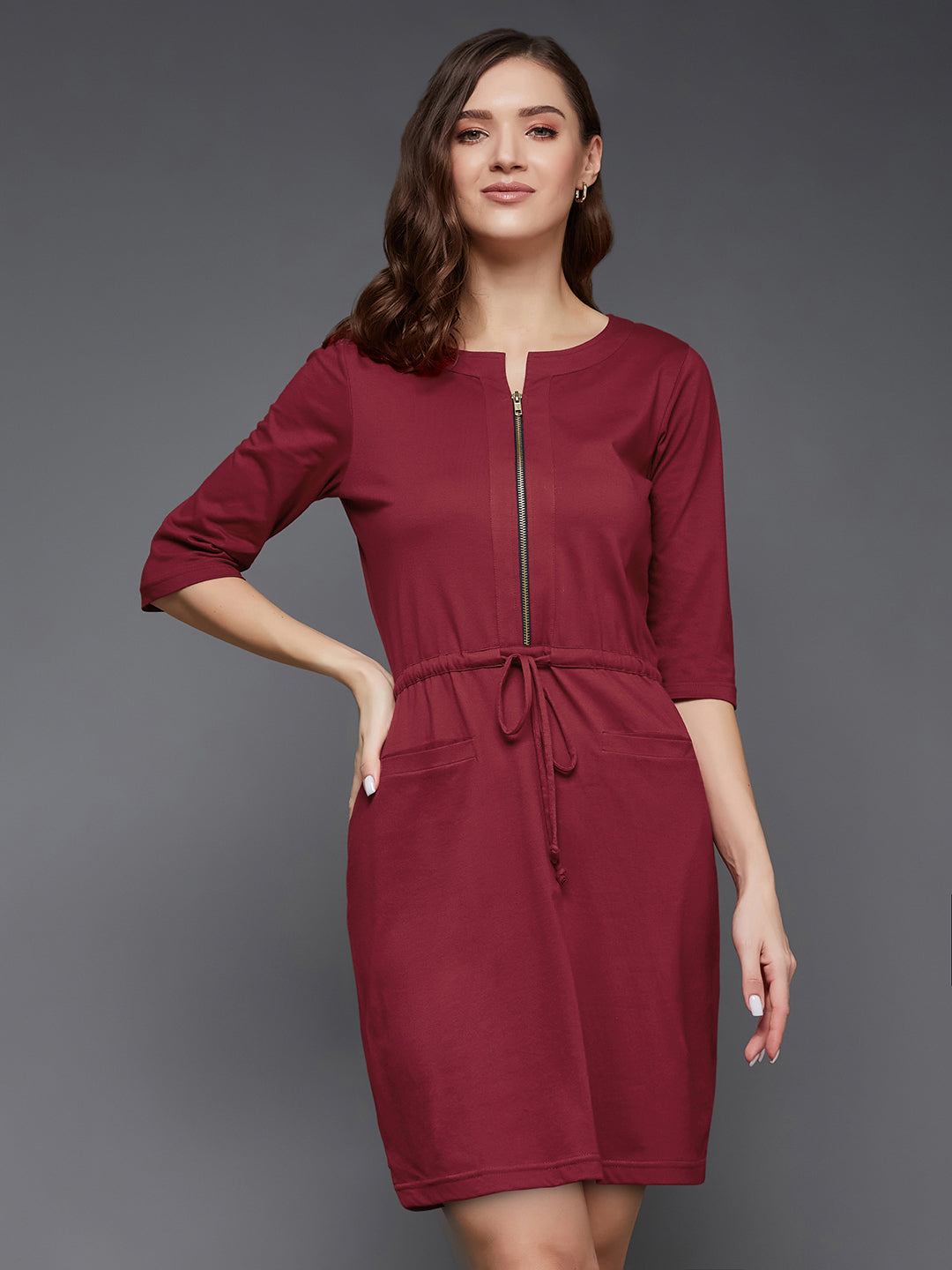 Women's Maroon Round Neck 3/4 Sleeves Cotton Solid Mini Shift Dress