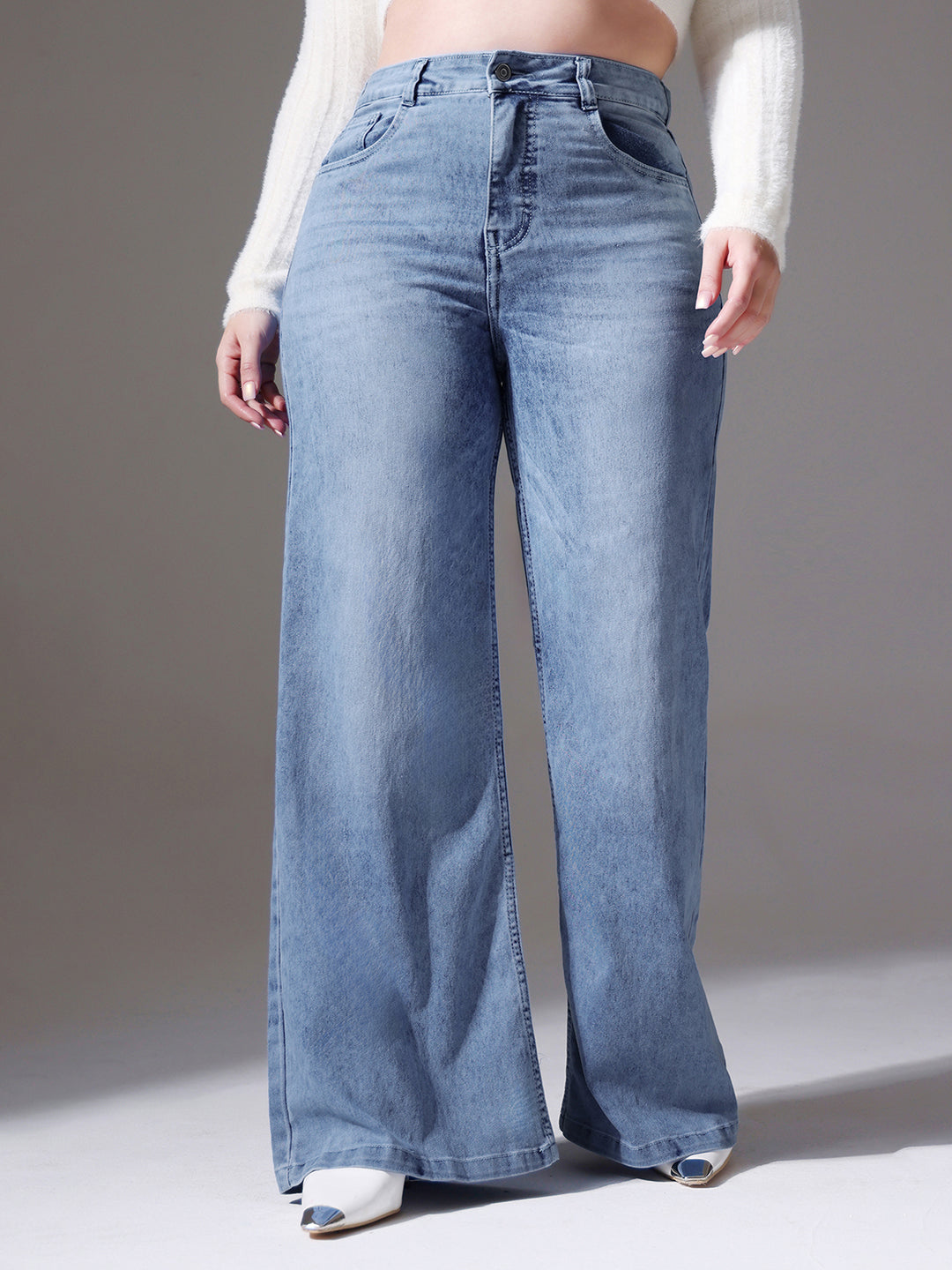 Women's Light Blue Wide-Leg High-Rise Clean-Look Stretchable Denim Jeans