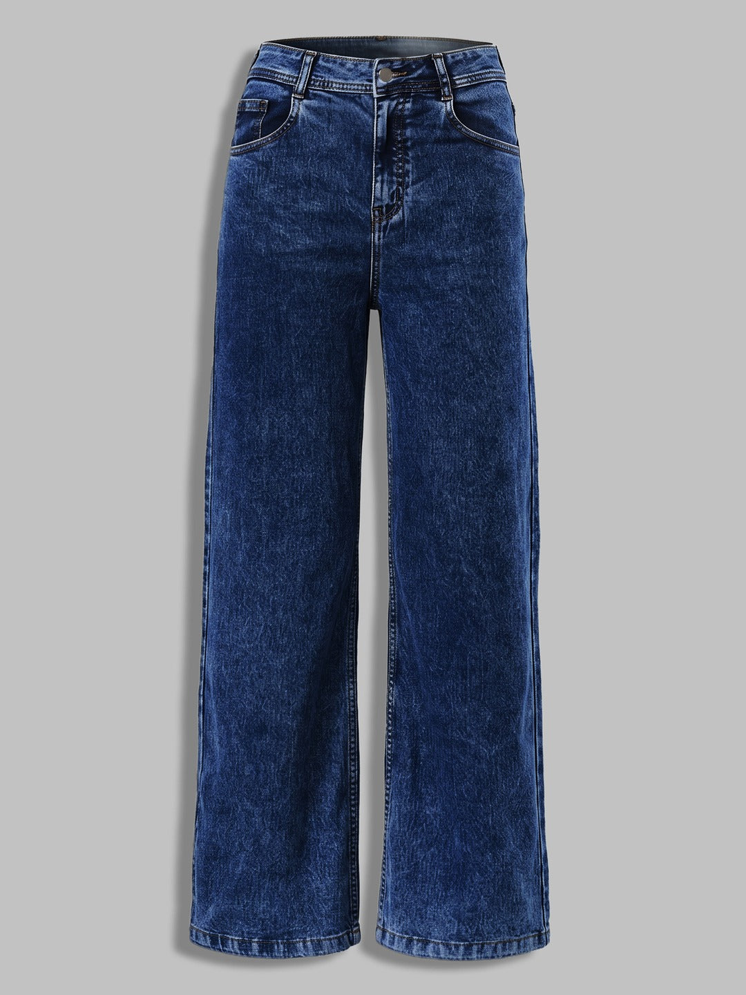 Mid Blue Wide-Leg High-Rise Stretchable Denim Jeans for Women
