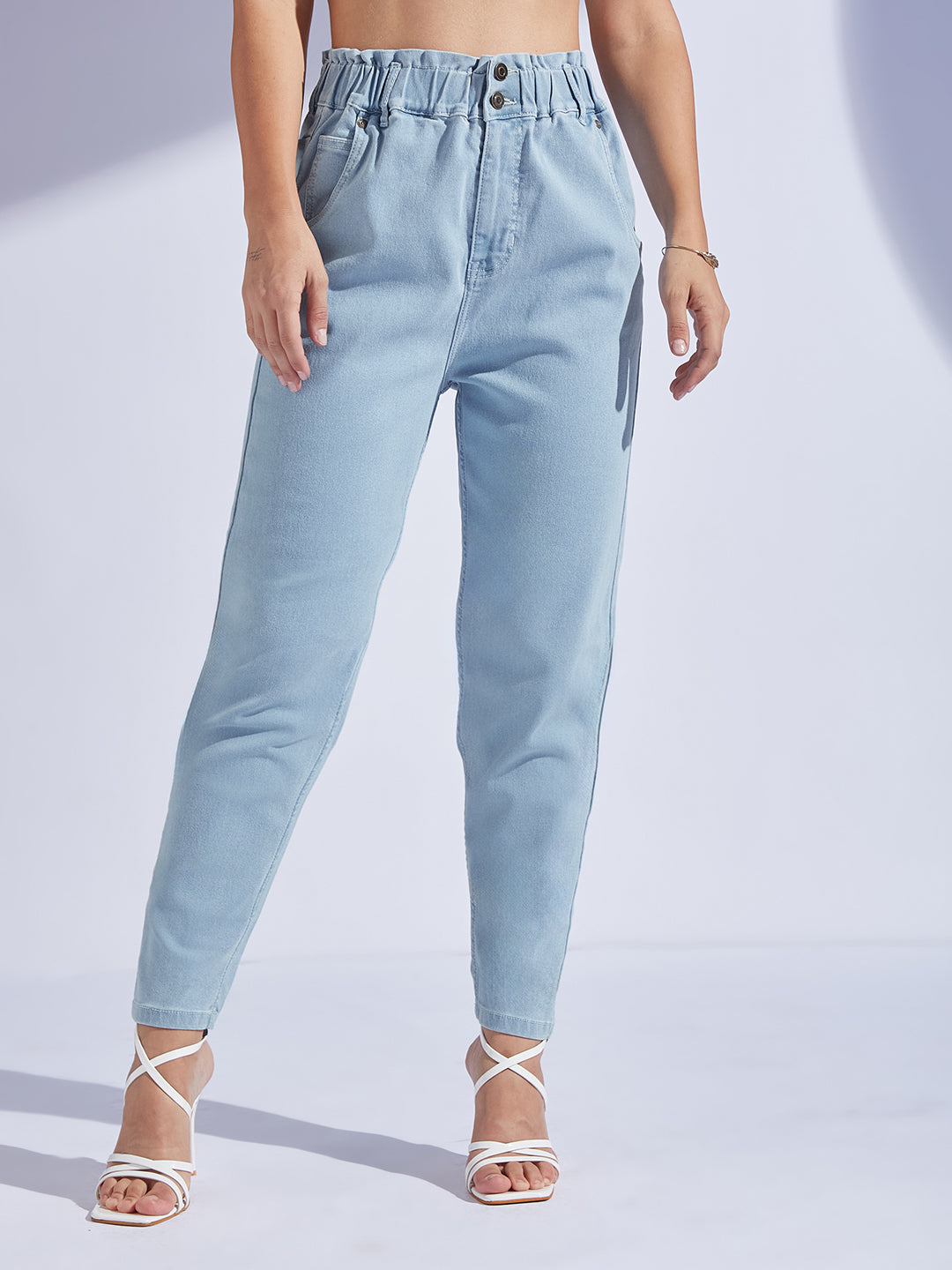 Women's Light Blue High-Rise Regular-Length Stretchable Denim Mom's Jeans