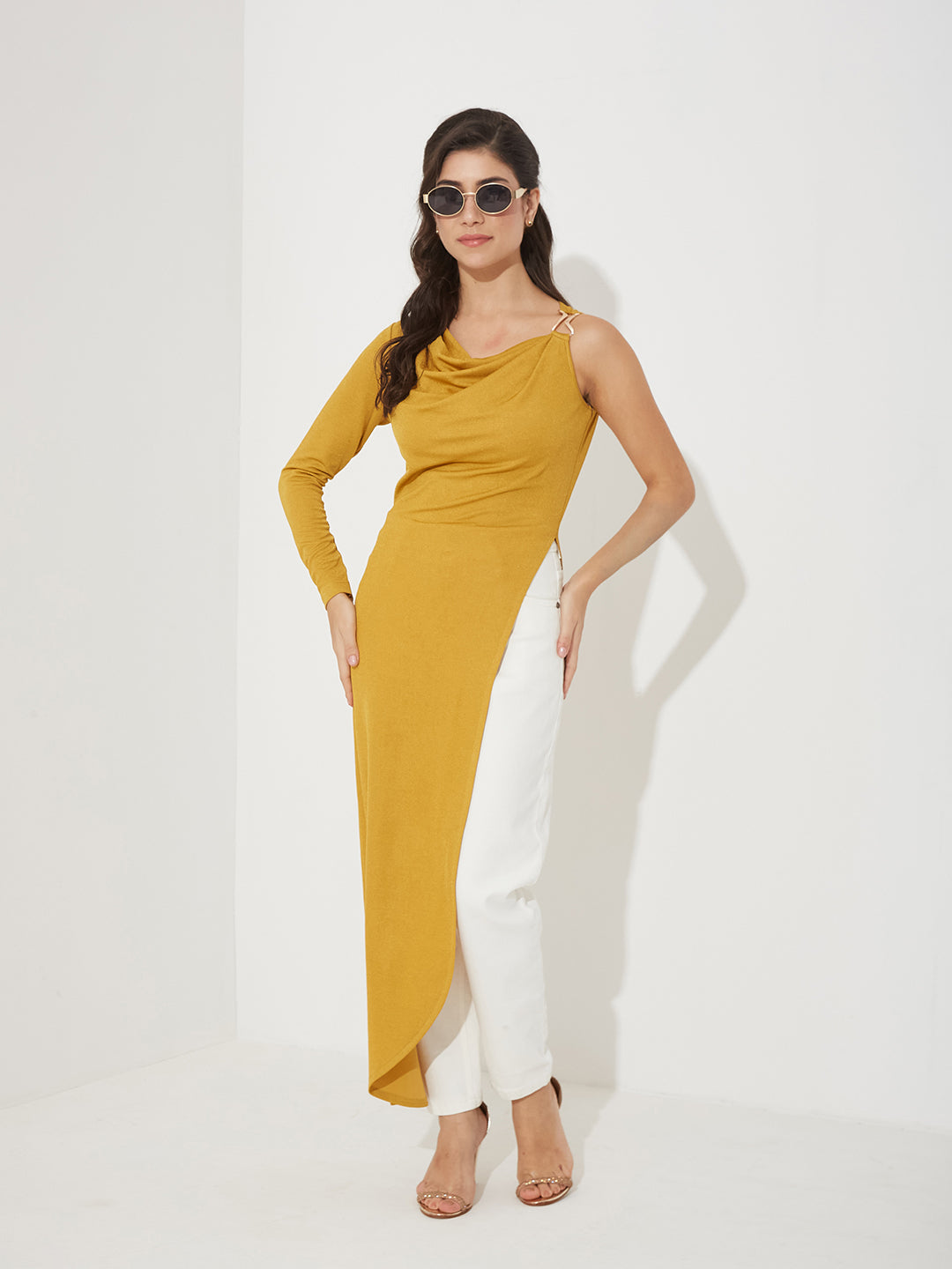 Women’s Golden Asymmetric Cowl Full-Sleeved Solid Asymmetric Maxi Polyester Top for Women
