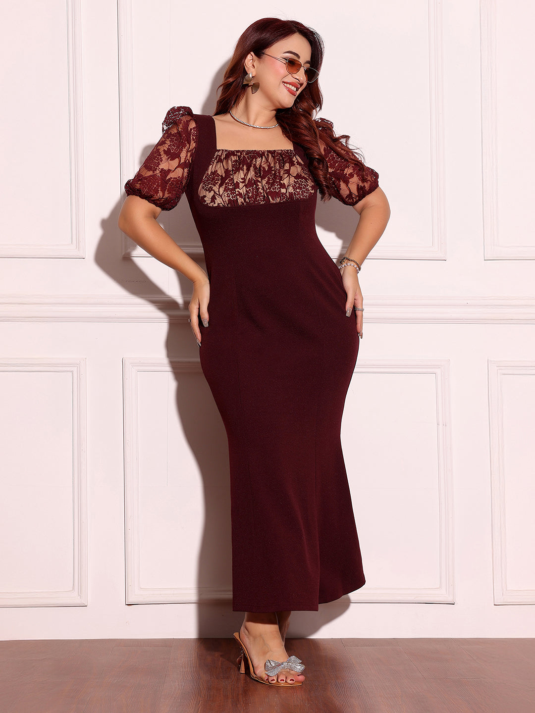 Wine Square Neck Short Puff Sleeve Self Design Lace Overlaid Bodycon Midi Dress for Women