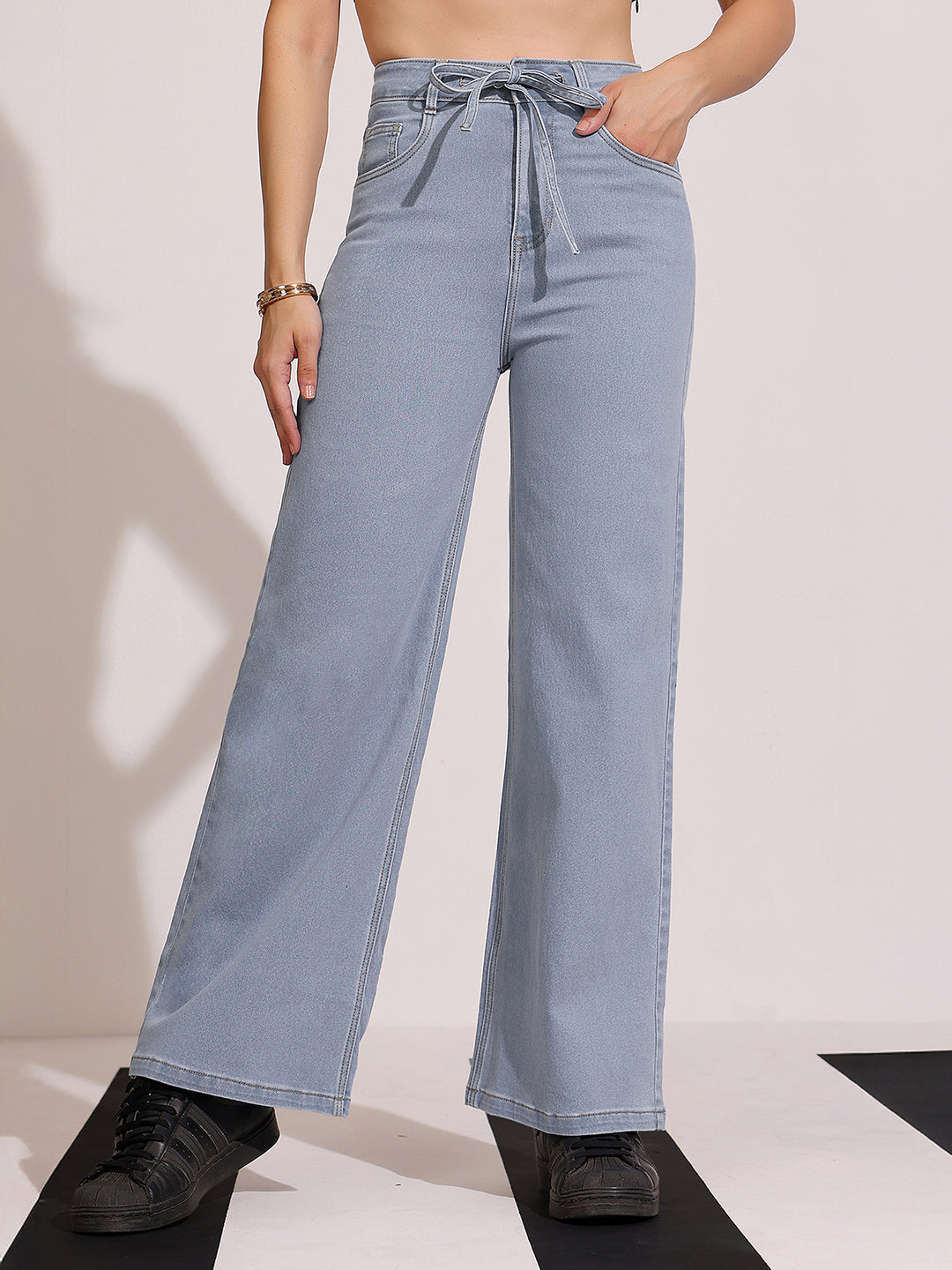 Women's Light Blue High-Rise Wide Leg Stretch Denim Jeans with Tie-Up Waist