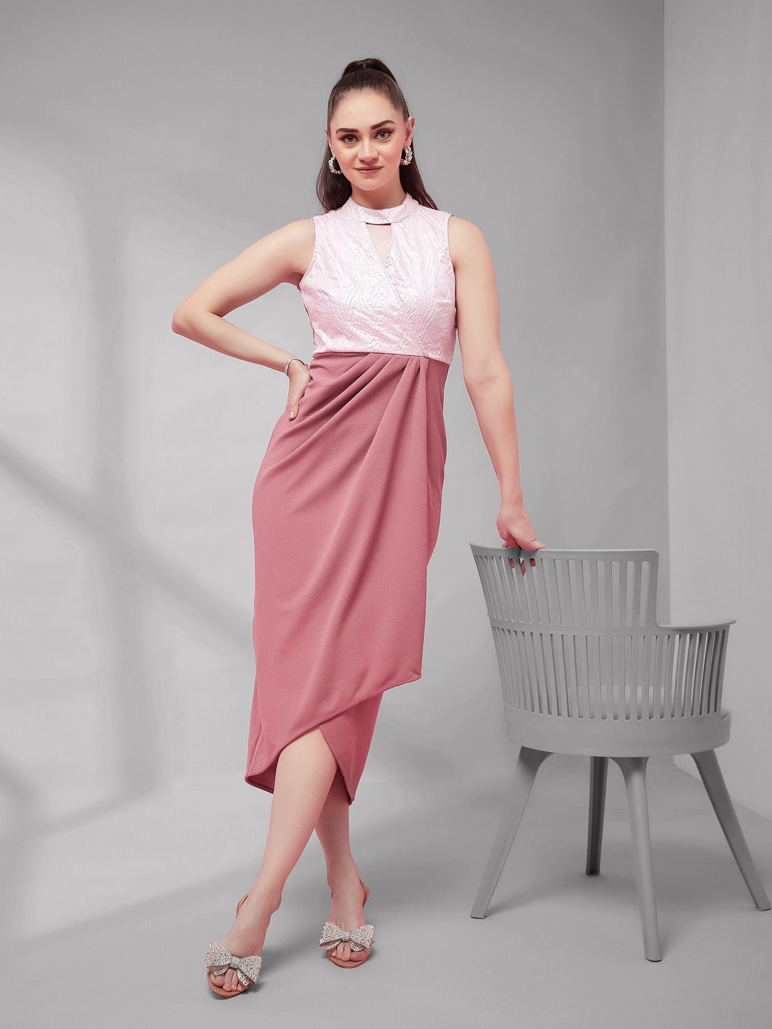 Dusty Pink Halter-Neck Sleeveless Self Designed Draped Polyester Midi Dress for Women