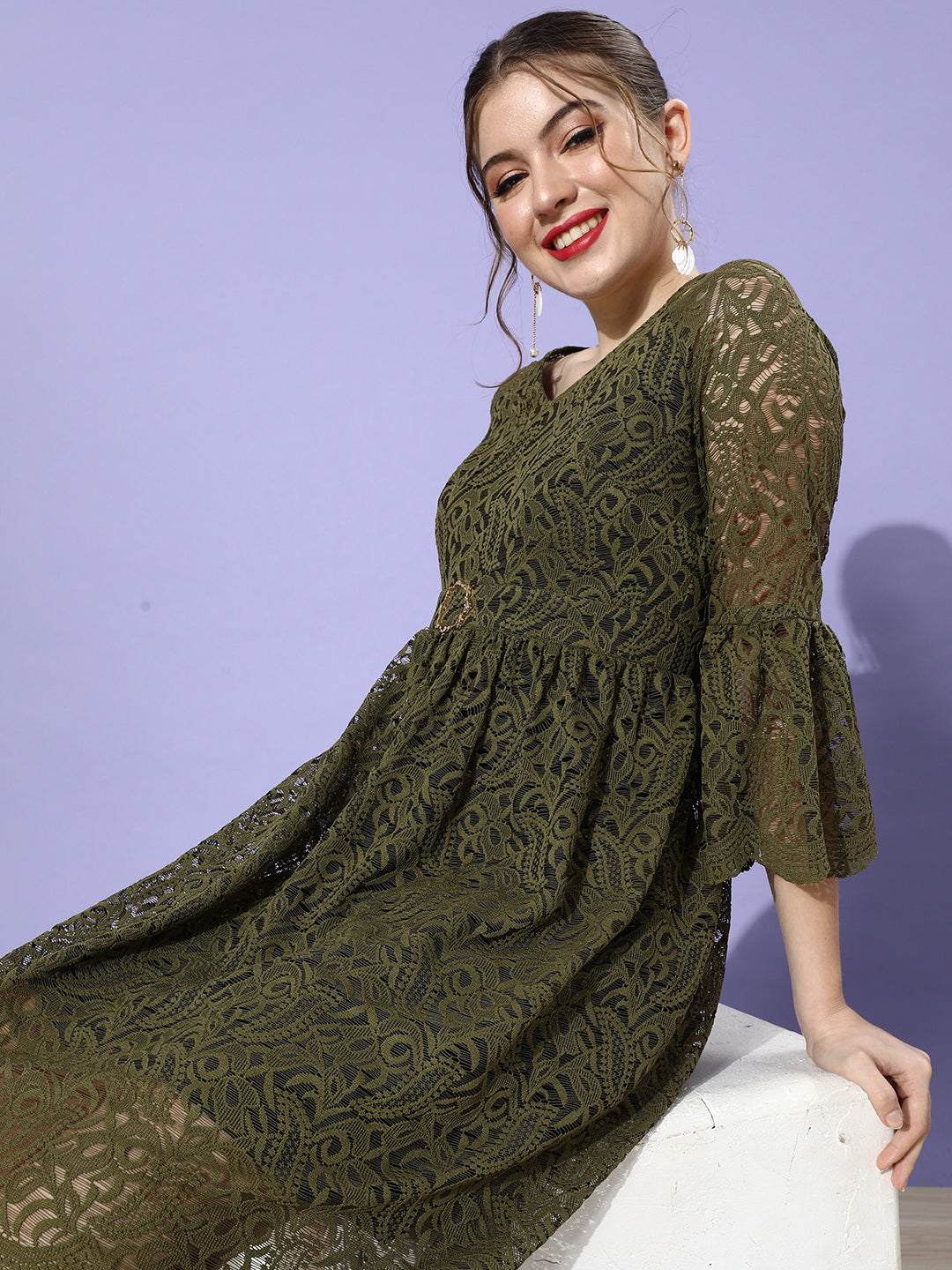 Women's Olive V-Neck Ruffled Sleeve Floral Lace Overlaid Midi Dress