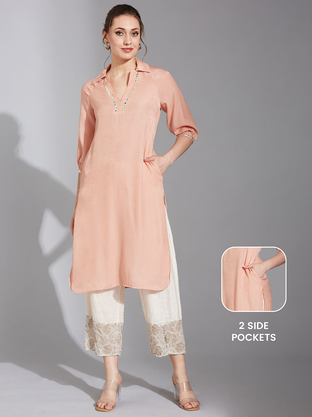 Women's Peach Colored Shirt Collar Full Sleeve Solid Raglan Knee-Long Polyester Kurta