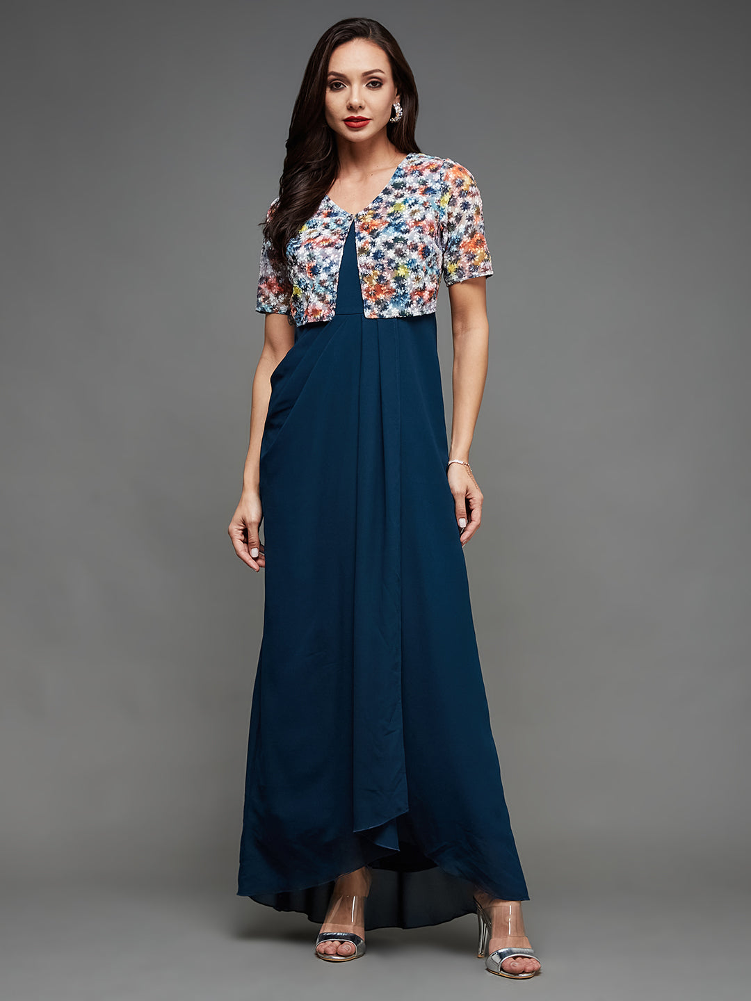 Women's Multicolored-Base-Teal V-Neck Half Sleeve Embroidered Layered Maxi Georgette Dress