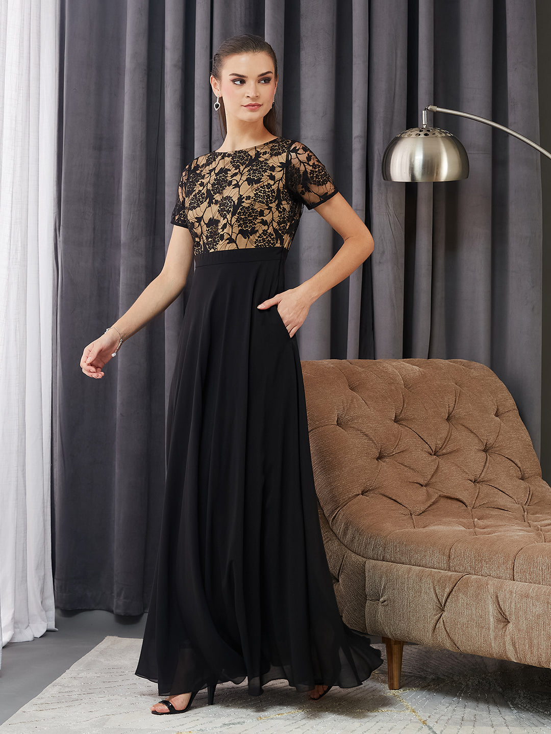 Black Round Neck Half Sleeve Self Design Fit & Flare Georgette Maxi Dress for Women