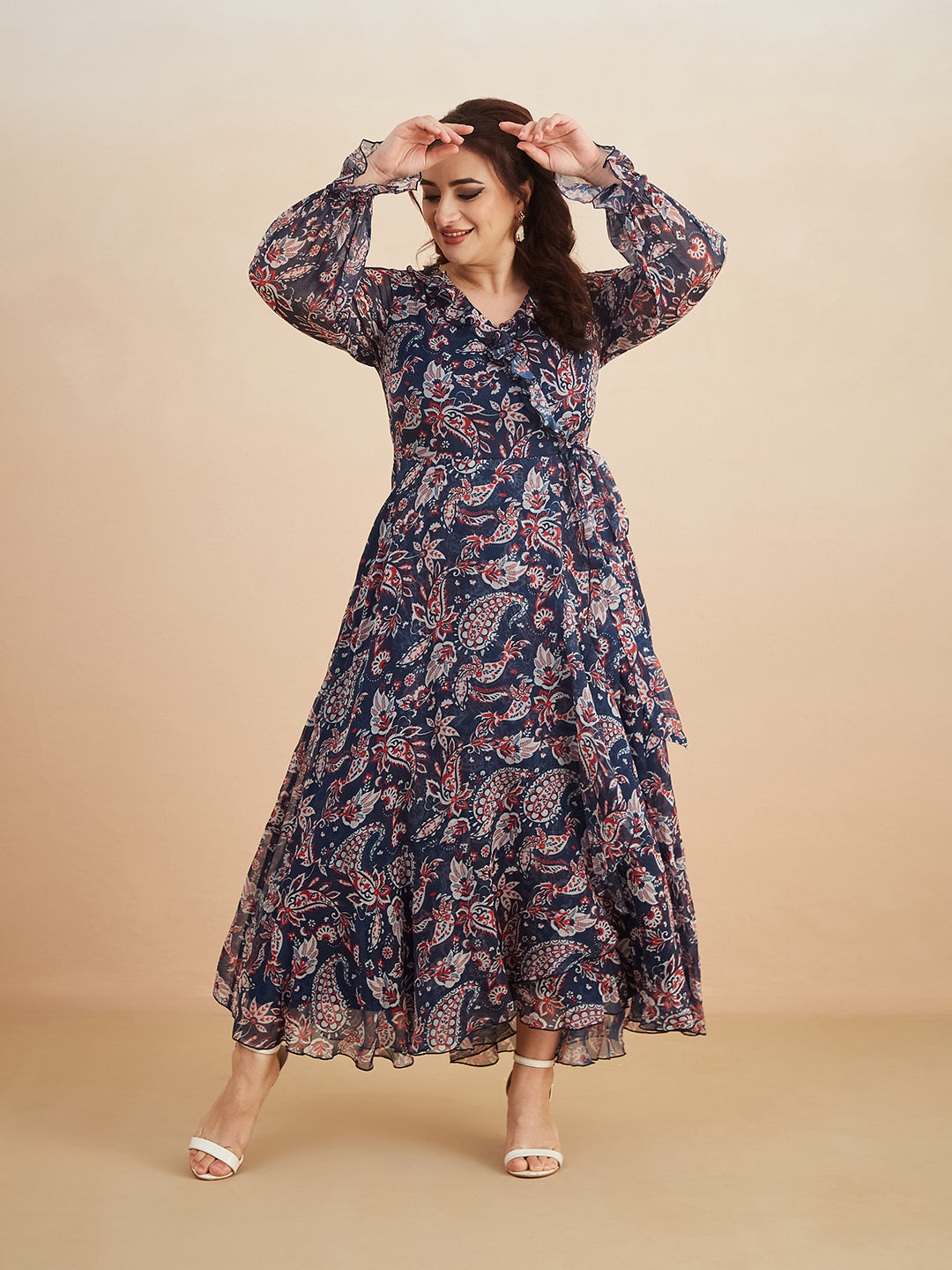 Multicolored-Base-Navy-Blue V-Neck Full Sleeves Polyester Relaxed Fit Midi Length Dress for Women