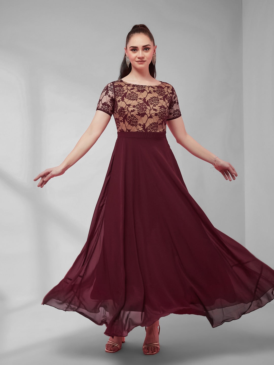 Wine & Beige Relaxed Fit Regular Georgette Dress for Women