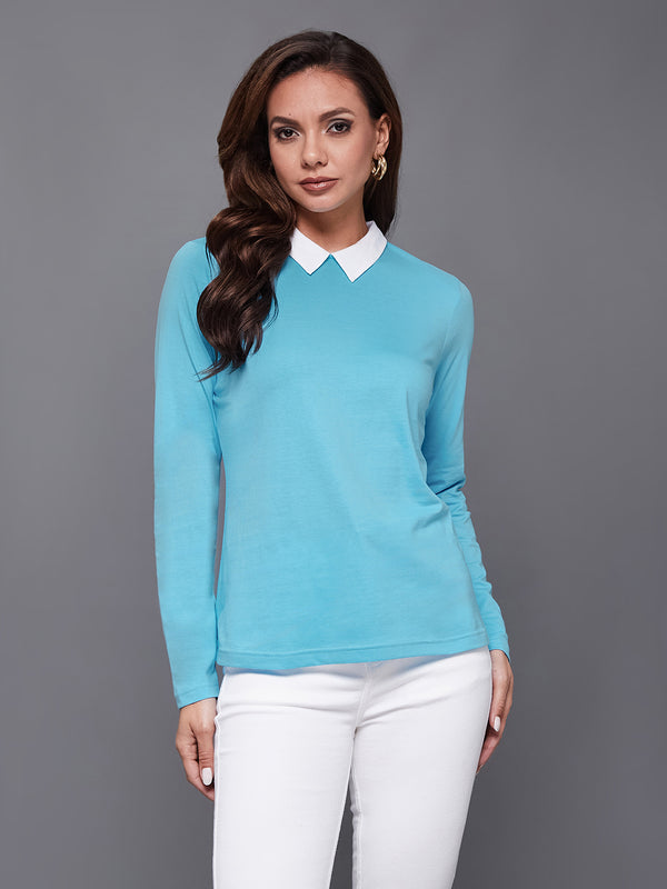 Women's Sky Blue Shirt Collar Full Sleeve Solid Basic Regular-Length Cotton Top