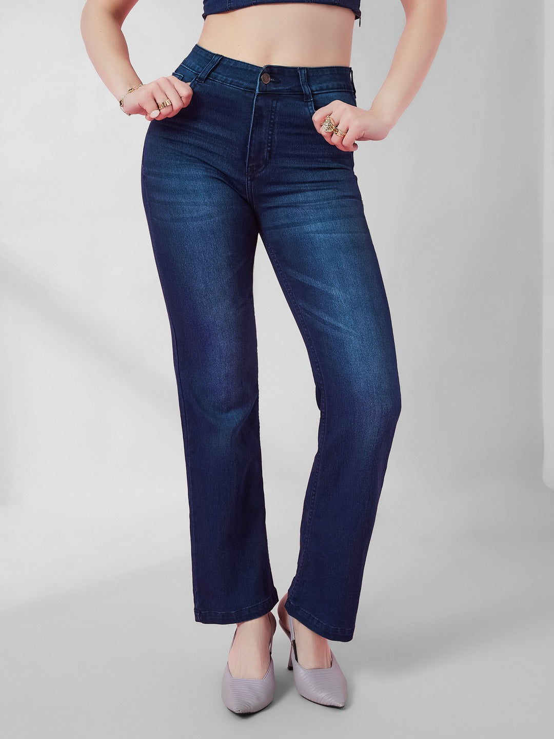 Navy blue Bootcut Mid rise Regular Stretchable Denim Jeans for Women