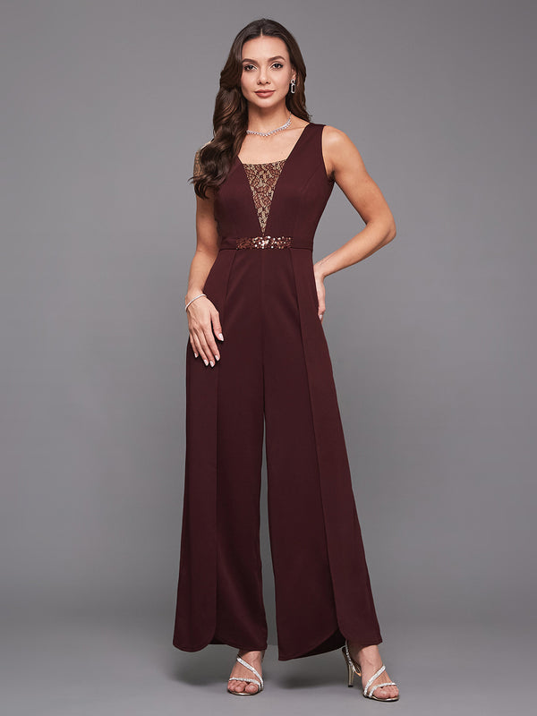 Crease Ease Cocktail Women's Wine Square Neck Sleeveless Embellished Layered Jumpsuit