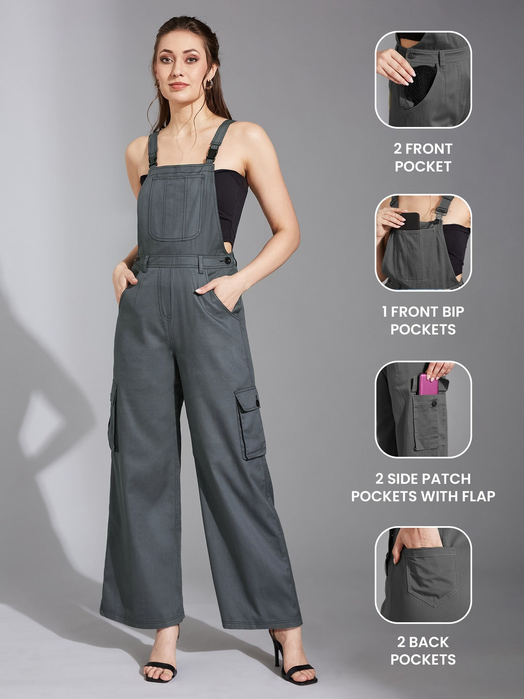 Grey Square Neck Sleeveless Solid Wide-Leg Regular-Length Polyester Dungaree for Women