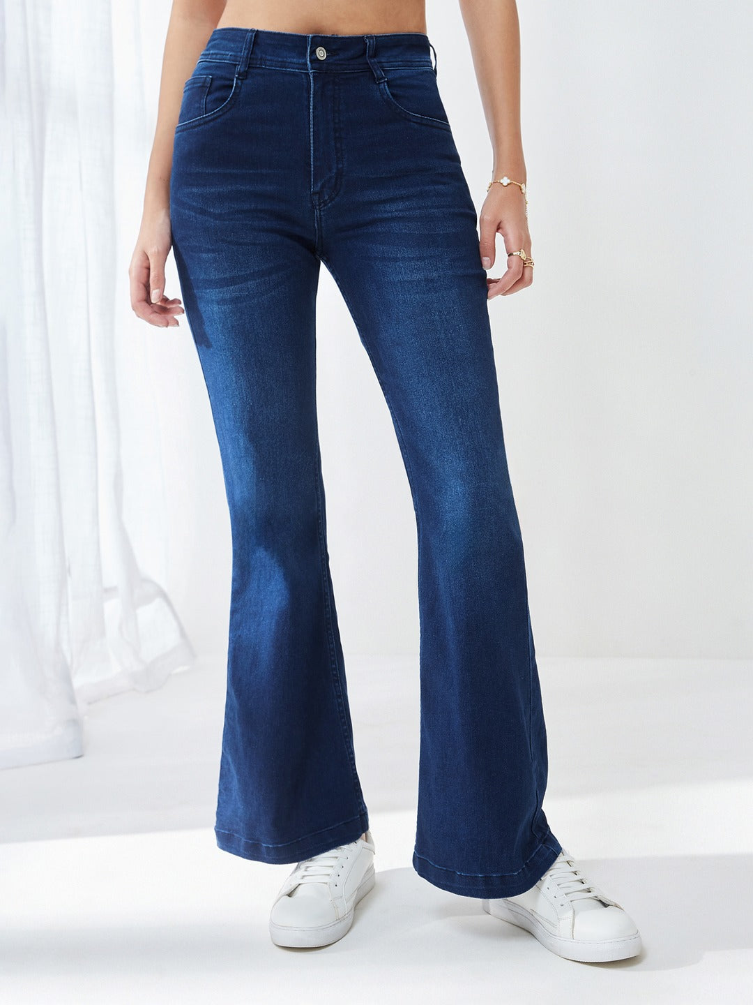 Navy Blue High-Rise Stretchable Bootcut Denim Jeans for Women
