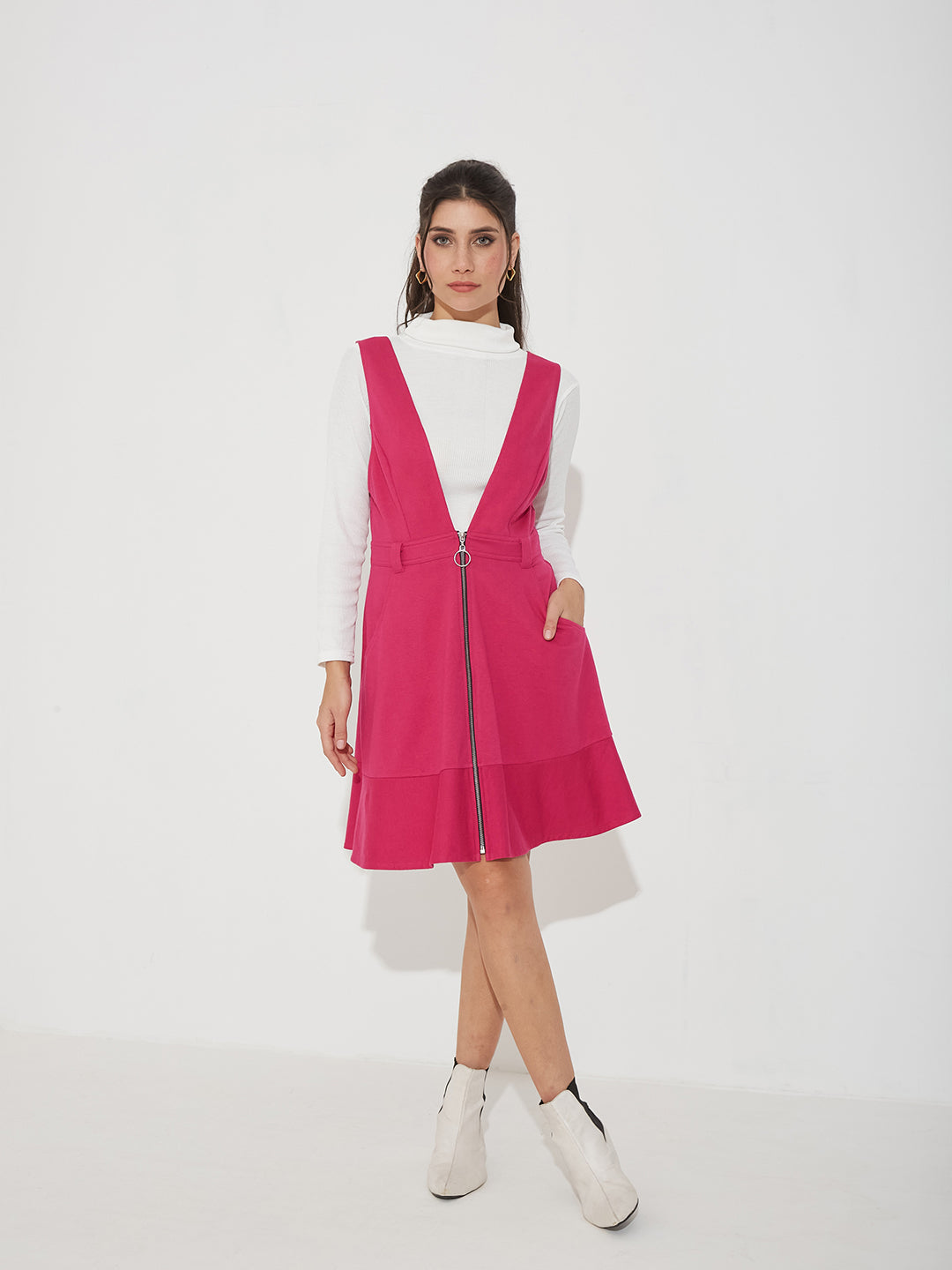 Pink Solid Polyester Pinafore Dress with Zipper Detail and Side Pockets for Women