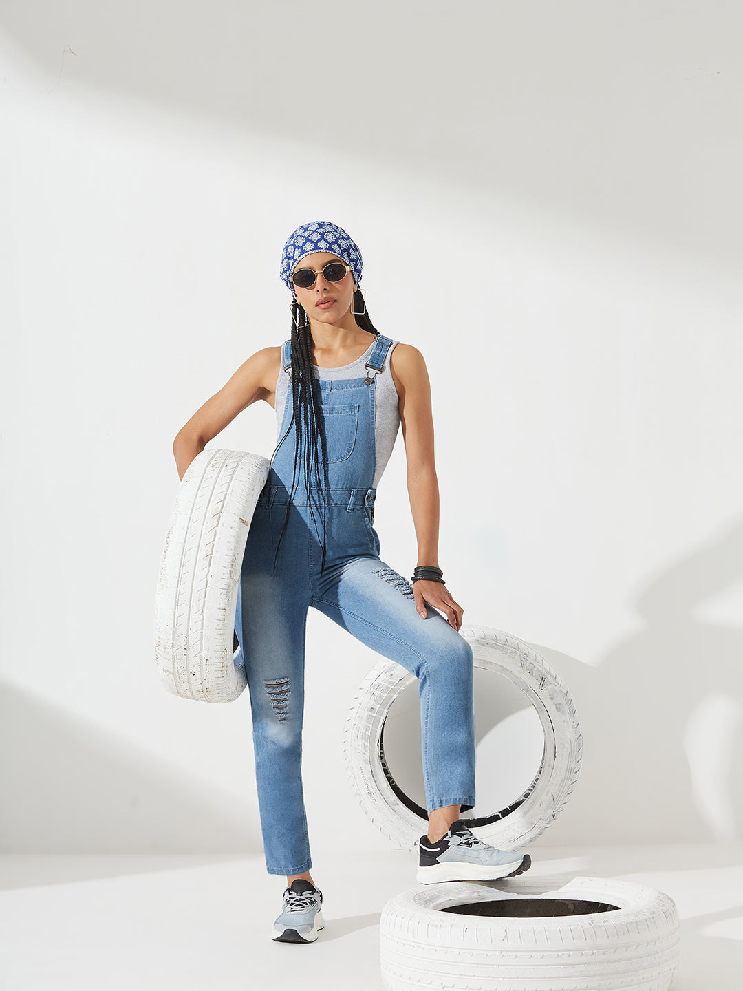 Light-Blue Regular Fit Mid-Rise Ripped Denim Dungaree for Women