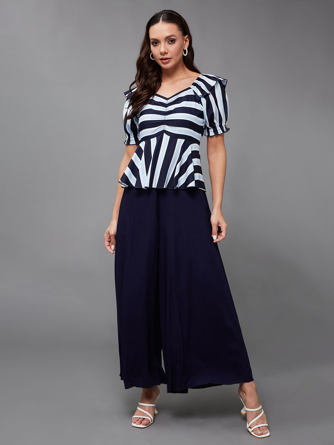 Women's Multicolored-Base-Navy Blue Sweet-Heart Neck Half-Sleeve Striped Peplum Regular-Length Polyester Jumpsuit