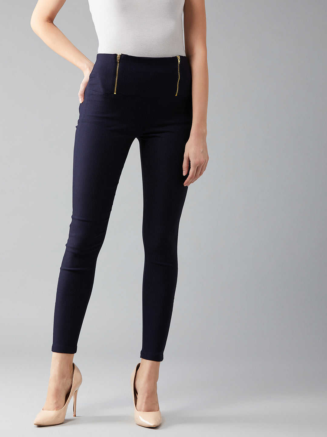 Women's Navy Blue Solid High Waist Slim Fit Treggings