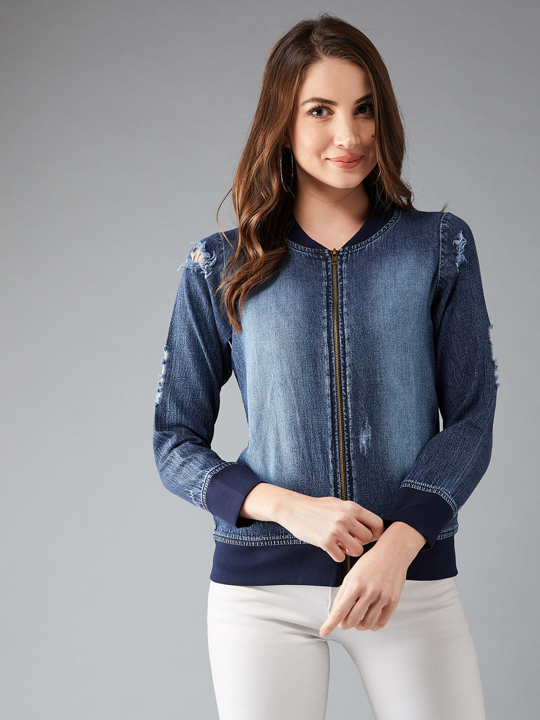 Women's Navy Blue V-Neck Full Sleeve Solid Bomber Regular Jacket