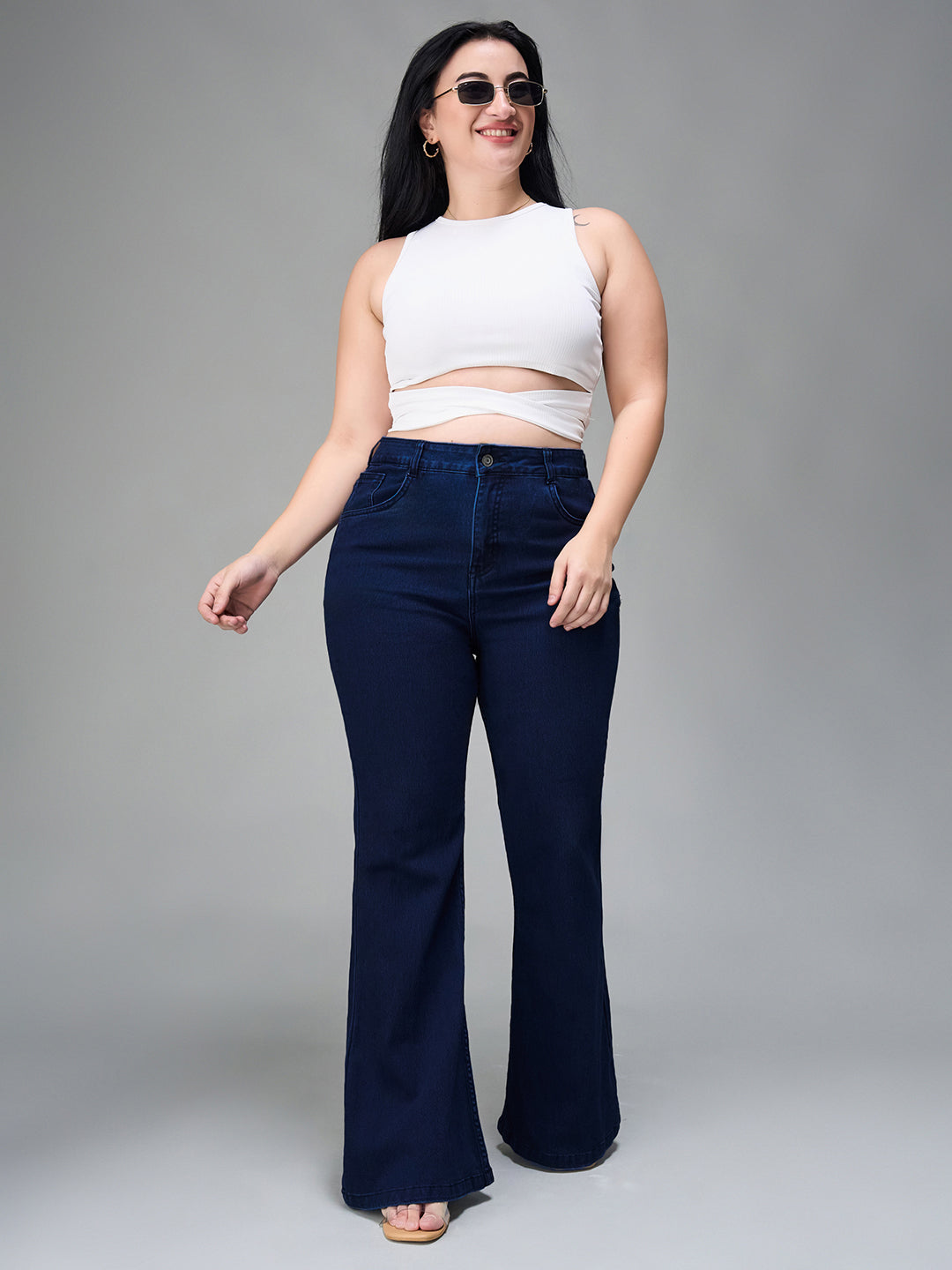 CHASEshape™ Navy-Blue Bootcut High-Rise Clean-Look Regular-Length Stretchable Denim Jeans for Women