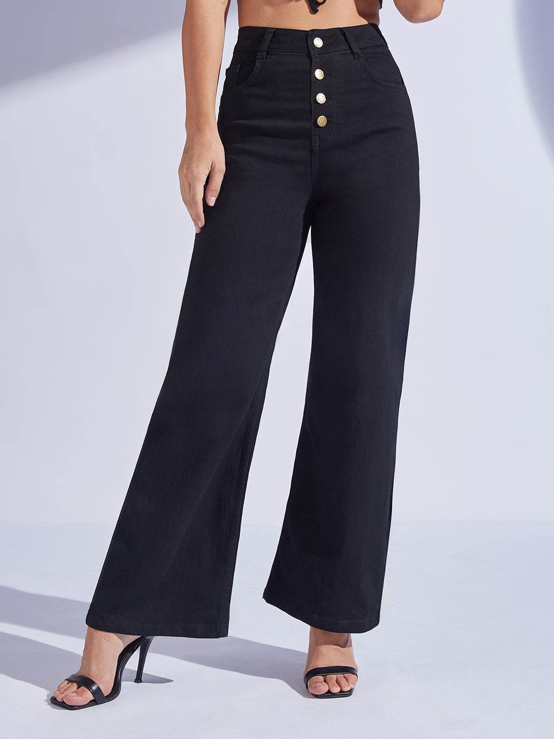 Women's Black Wide Leg High-Rise Regular Stretchable Denim Jeans