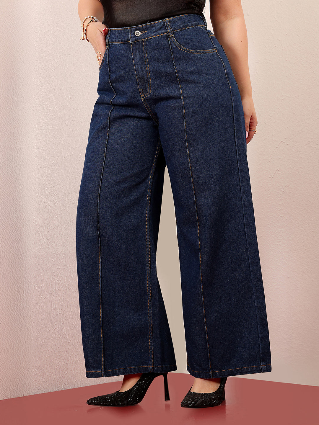 Women's Navy Blue Wide-Leg High-Rise Clean-Look Regular-Length Non-stretchable Denim Jeans