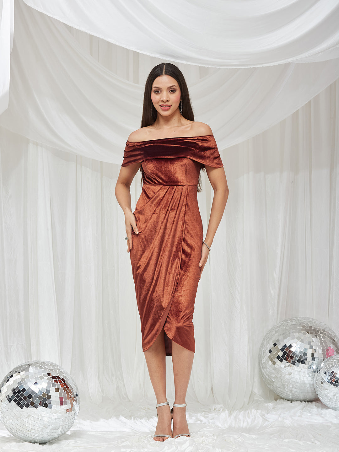Rust Velvet Off-Shoulder Draped Knee-Length Dress with Tulip Hem for Women