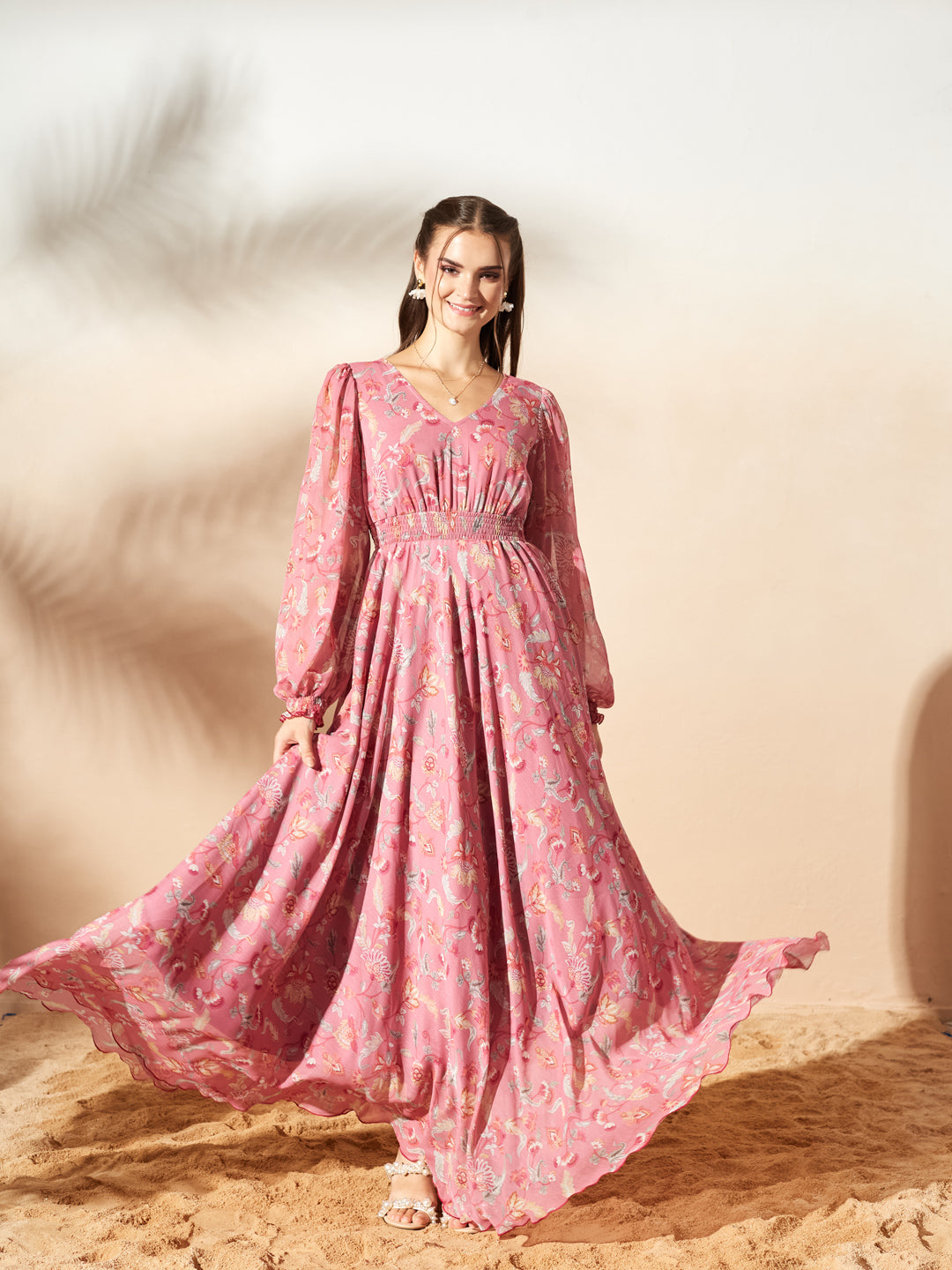 Desert Pink Multicoloured Full Sleeves Floral Printed Fit and Flare Dress for Women