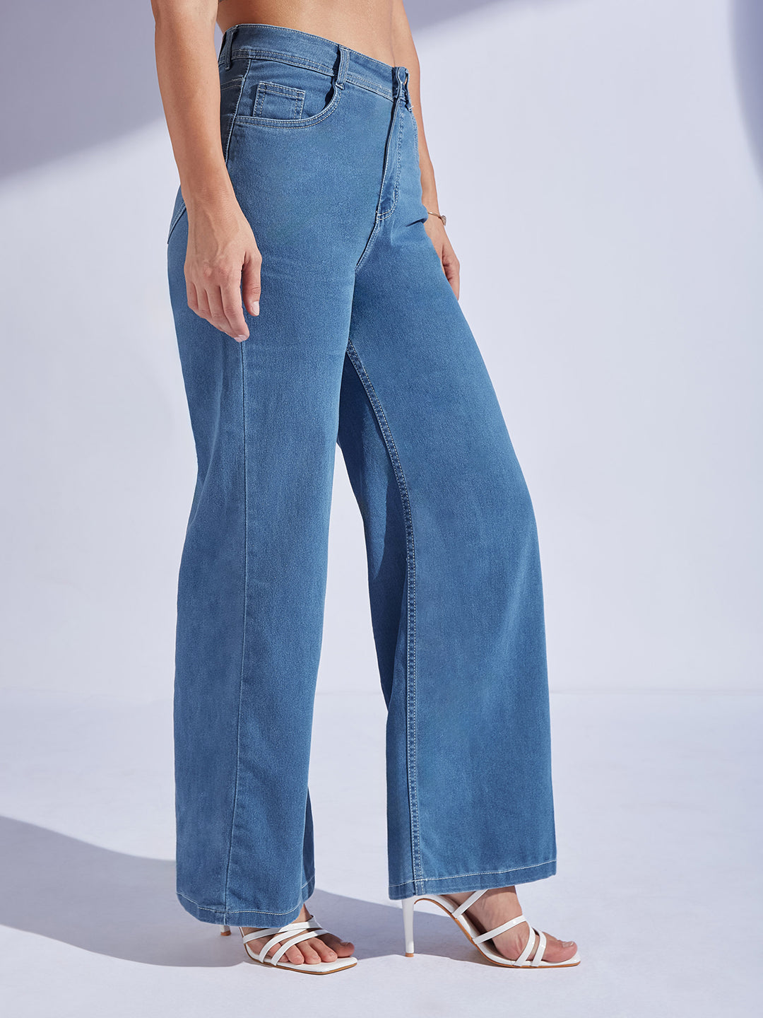 Women's Blue Wide-Leg High-Rise Stretchable Denim Jeans