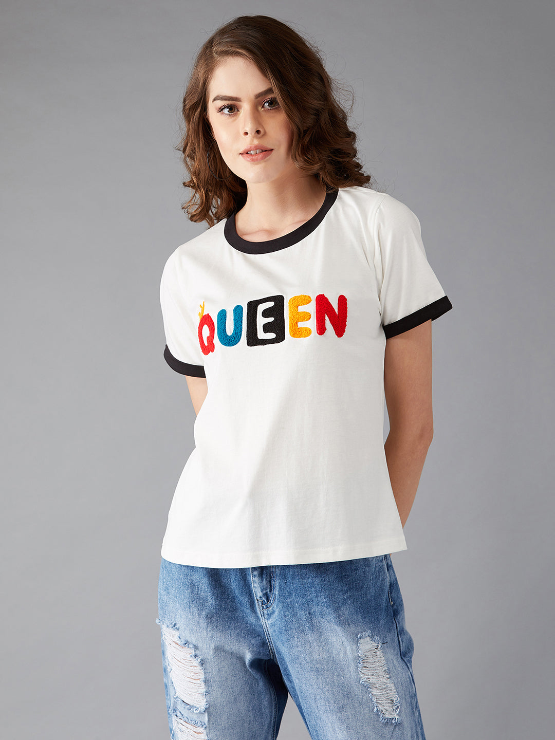 Women's White Round Neck Short Sleeve Printed Basic Regular T-Shirt