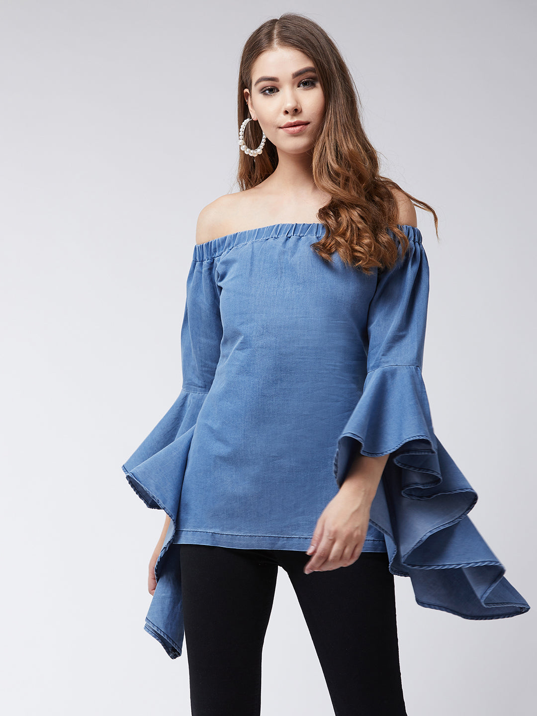 Women's Blue Off-Shoulder Ruffled Full Sleeves Solid Denim Top