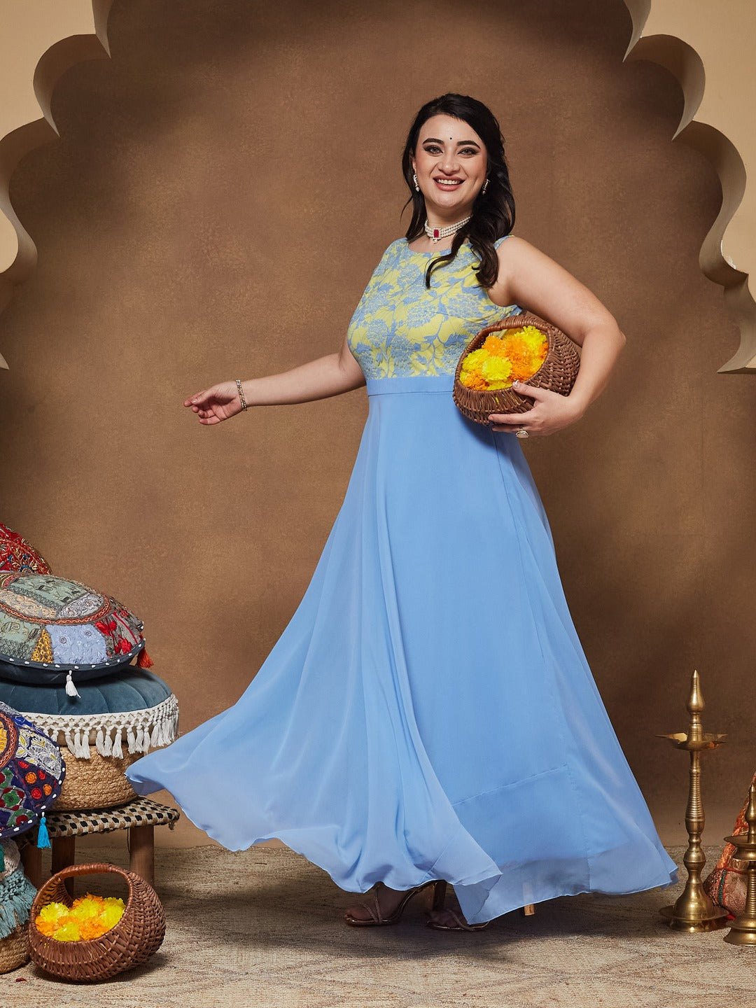 Sky Blue Round Neck Sleeveless Georgette & Lace Floral Fit & Flare Maxi Dress for Women