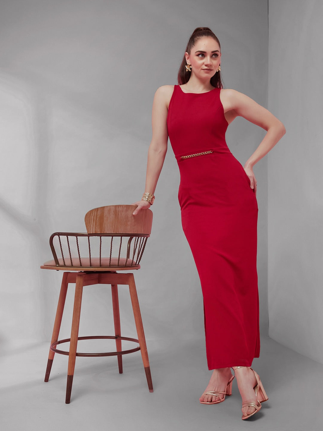 Cherry Red Solid Slim Fit Round Neck Sleeveless Maxi Dress  for Women
