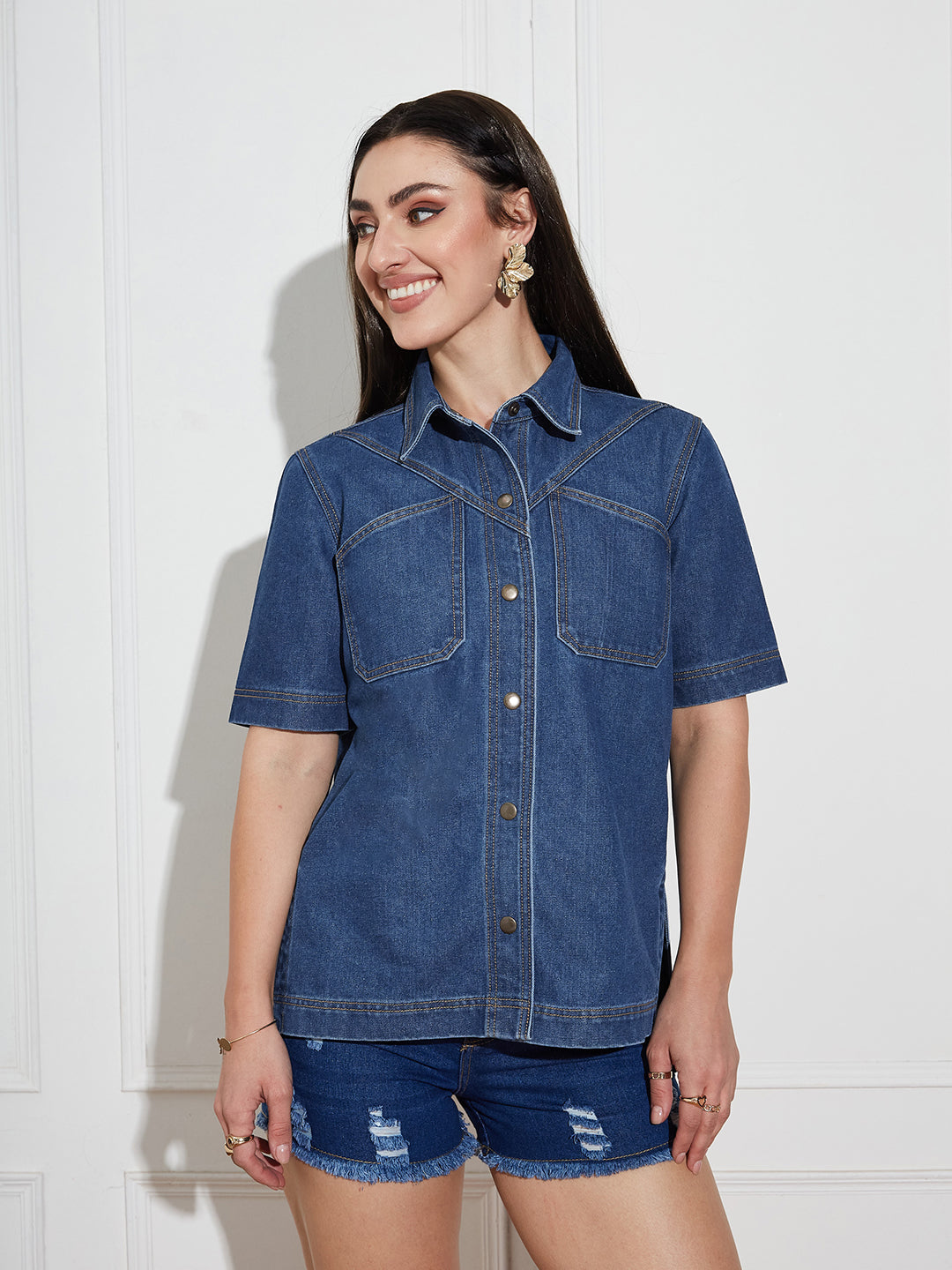 Women's Navy Blue Boxy Denim Shirt – Half Sleeves, Collared, Relaxed Fit