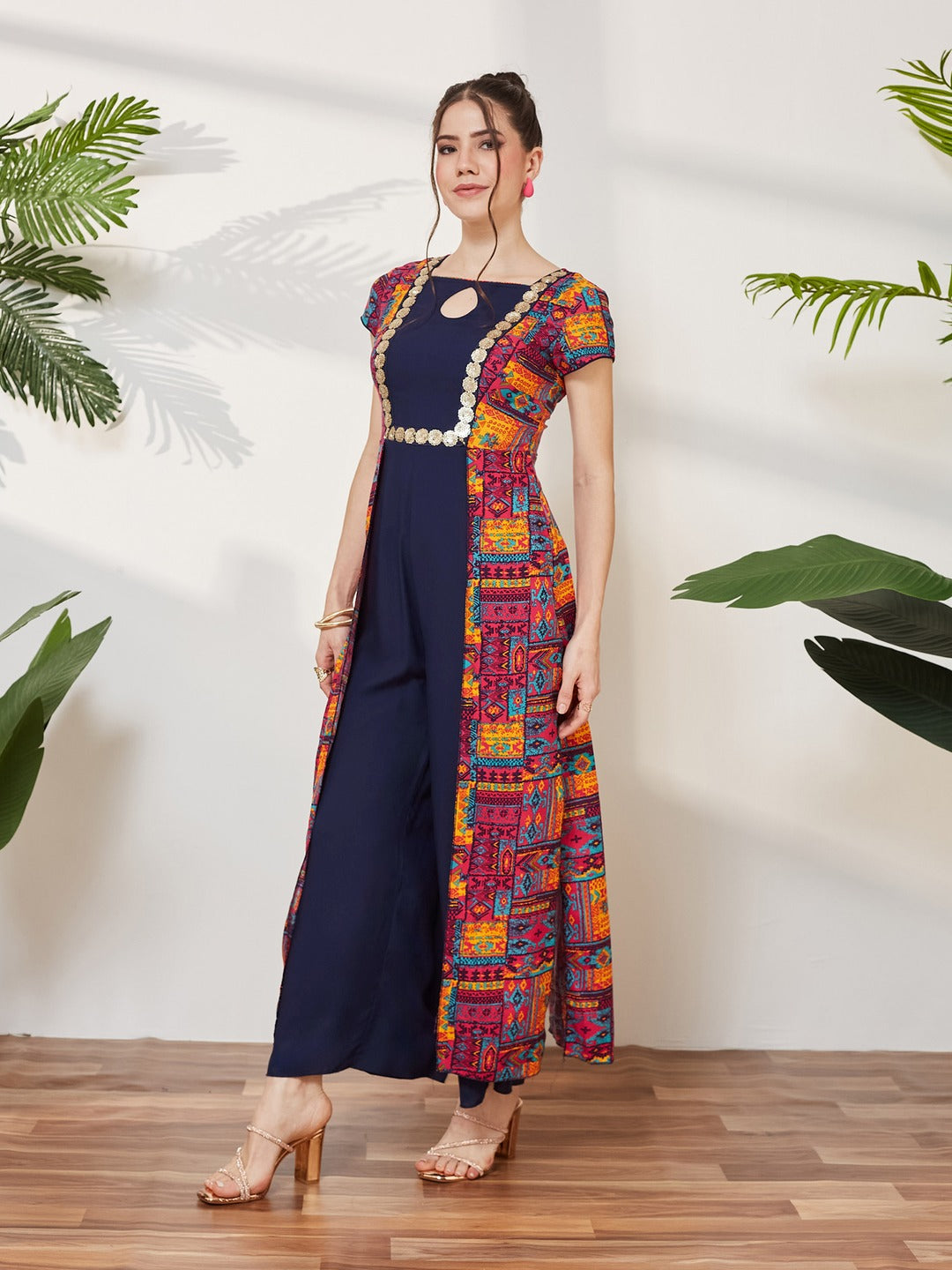 Navy Blue Keyhole-Neck Regular Sleeve Bohemian Paneled Viscose-Rayon Regular-Length Jumpsuit for Women