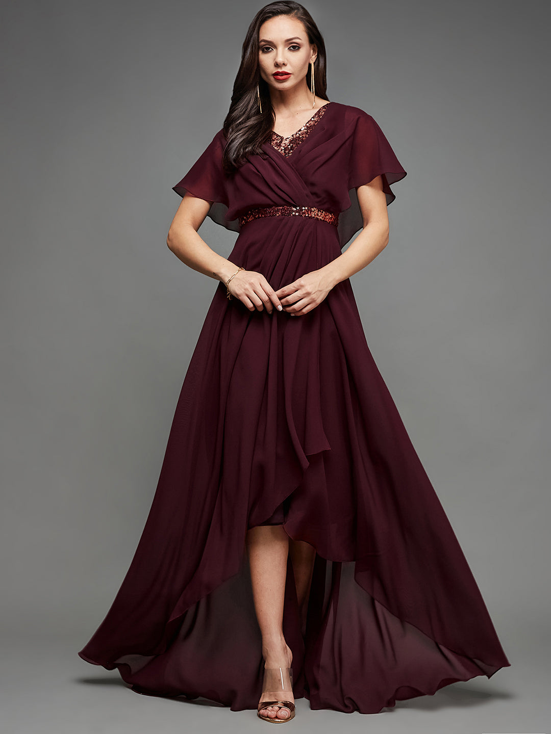 Women's Cocktail Wine Sequined V-Neck Cape Georgette Pleated Relaxed Fit party Maxi Dress