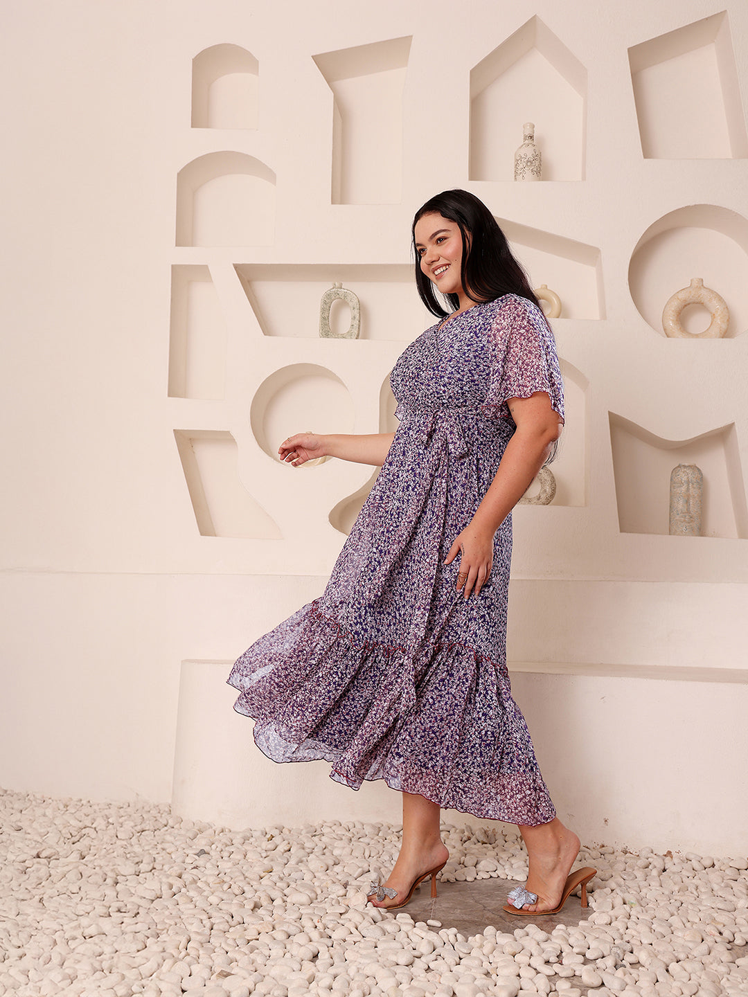 Body Bliss Multicolored-Base-Purple V-Neck Flared Sleeve Floral Wrap Chiffon Maxi Dress
