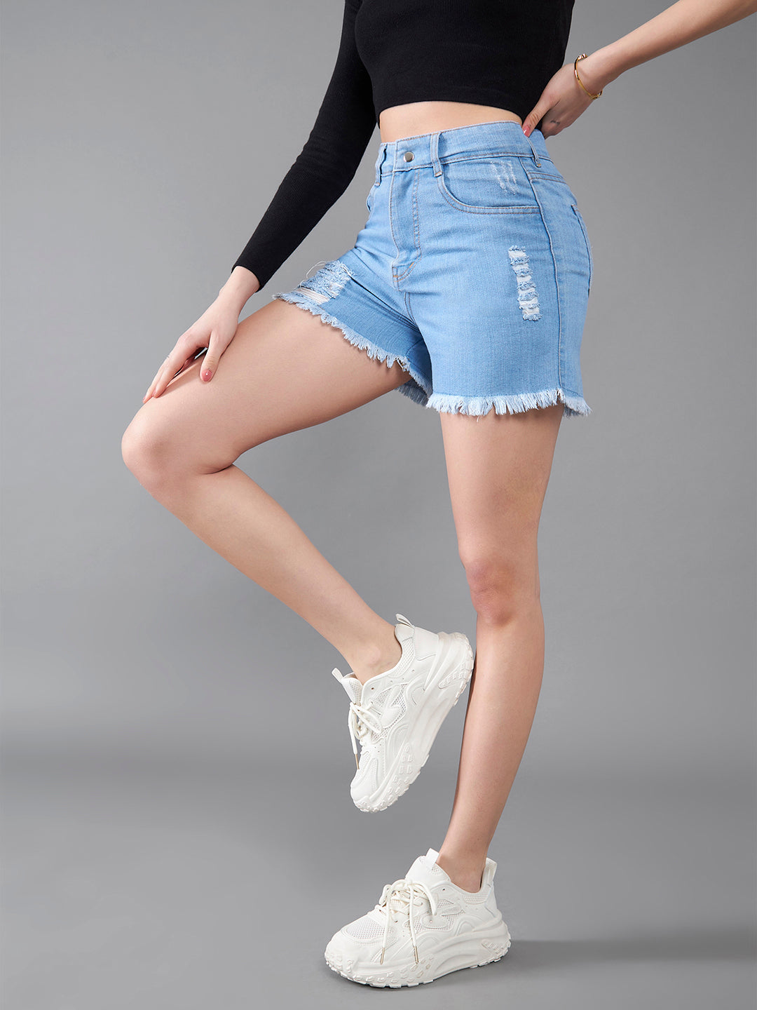 Women's Blue Relaxed Fit Mid Rise Highly Distressed Denim Shorts