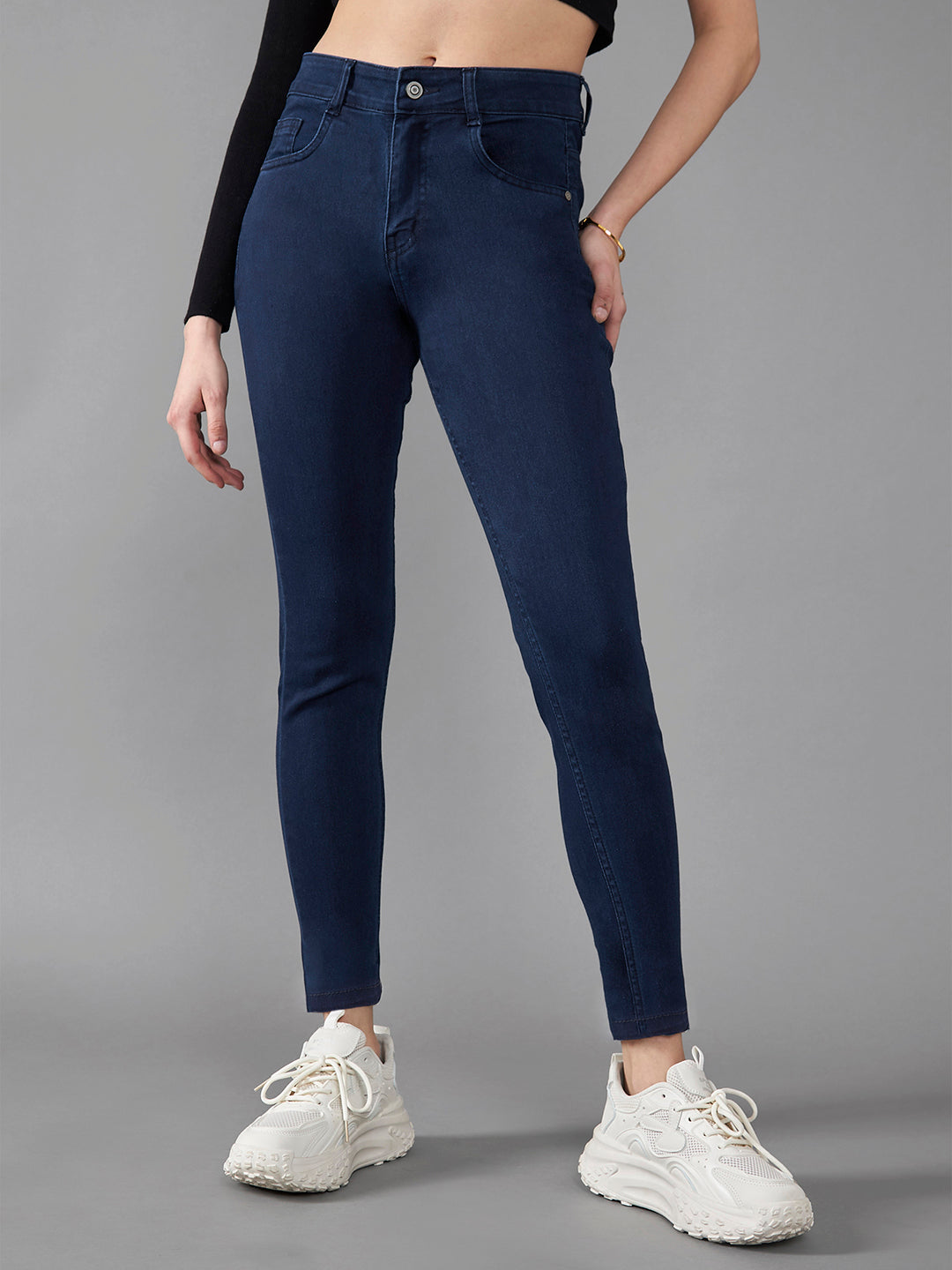 Women's Navy Blue Skinny Fit Mid Rise Regular Length Denim Stretchable Jeans