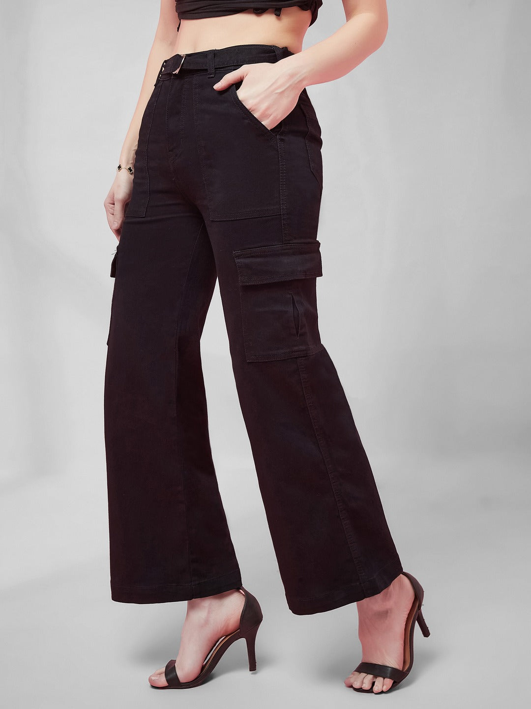 Black Wide leg high-rise Regular Stretchable Denim Jeans for Women