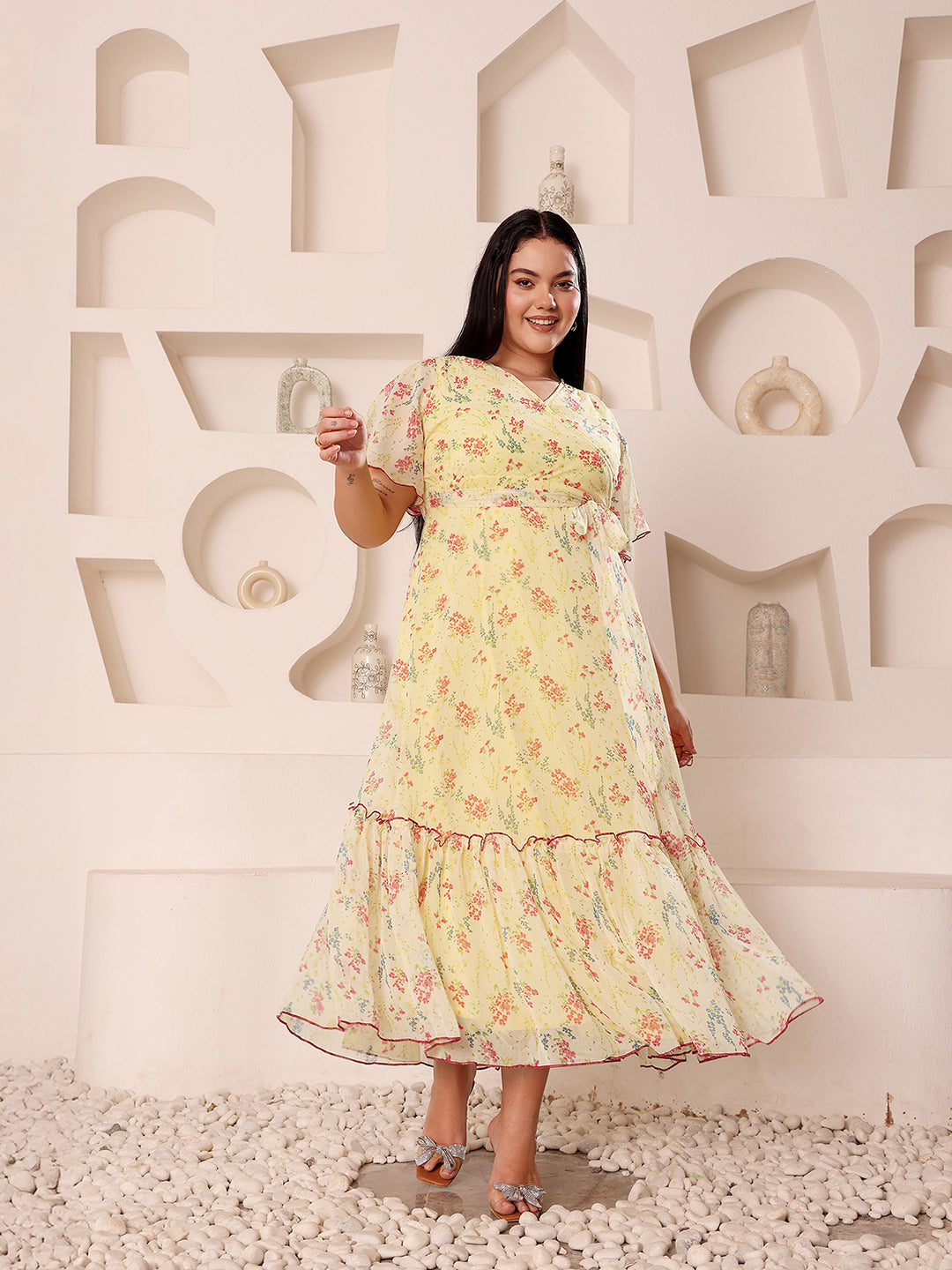 Body Bliss Multicolored-Base-Yellow V-Neck Flared Sleeve Floral Wrap Maxi Dress