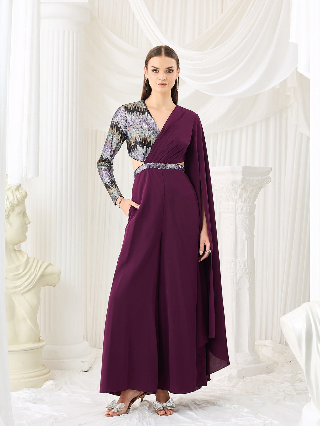 Luxe Georgette Jumpsuit in Dark Purple with Asymmetric Draping for Women