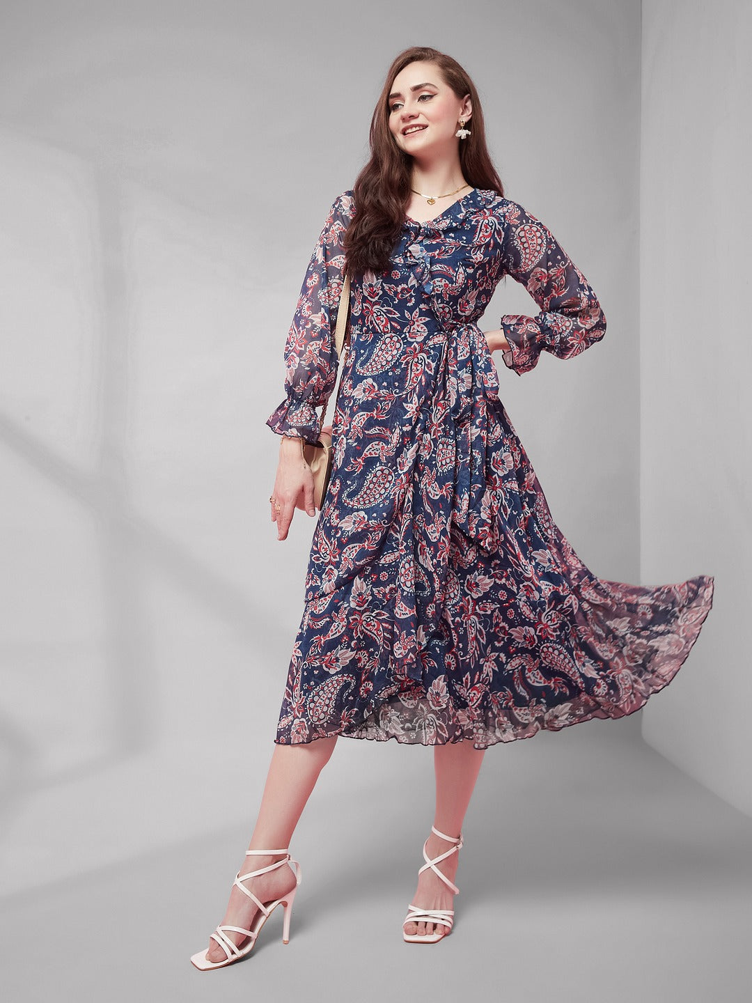 Navy Blue V Neck Full Sleeves Polyester Relaxed Fit Midi Length Dress for Women